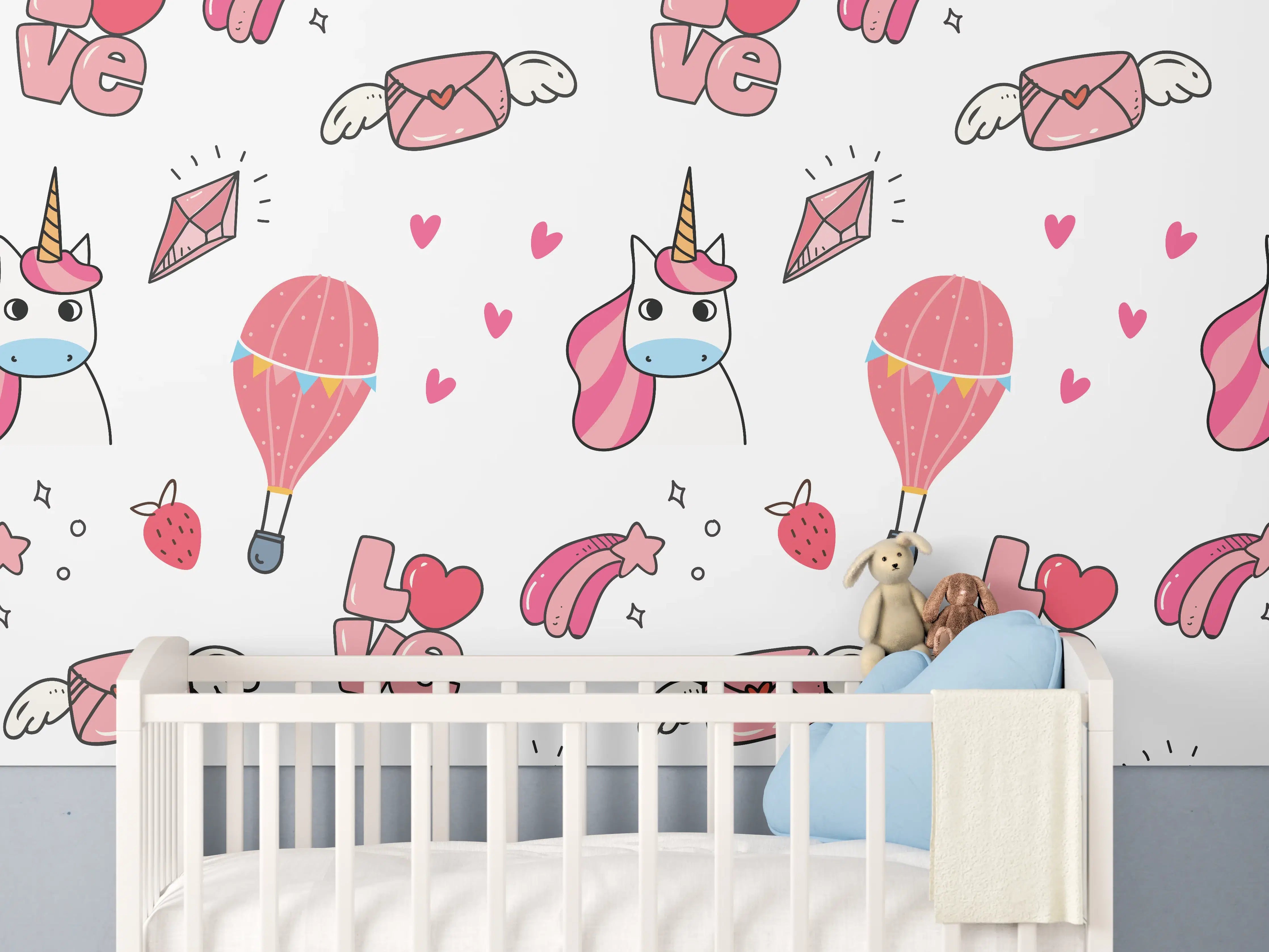 Babyzimmer Wandgestaltung - Buntes Einhorn-Liebe Musterdesign