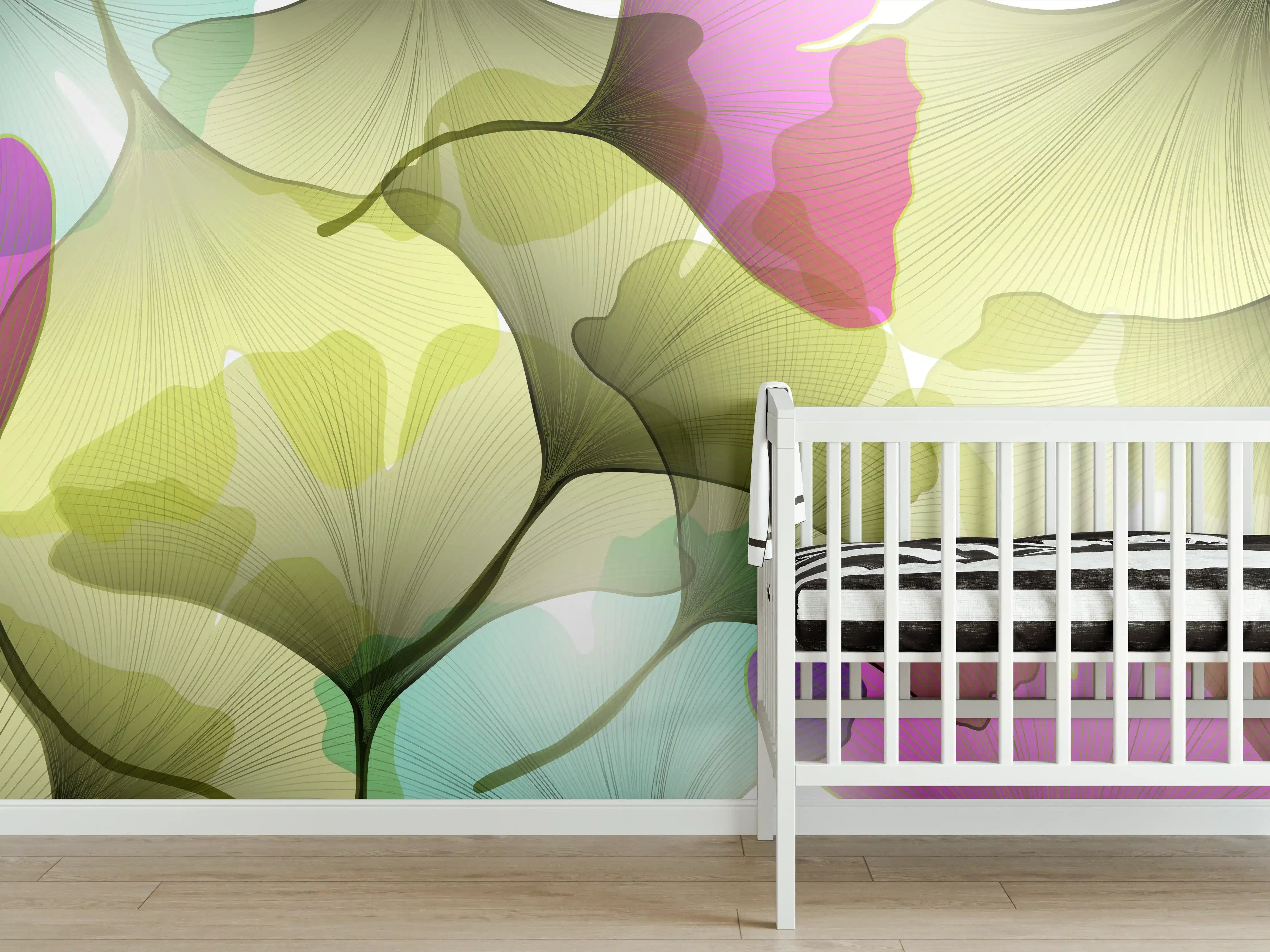 Babyzimmer Wandgestaltung - Buntes Ginkgo Blätter Design