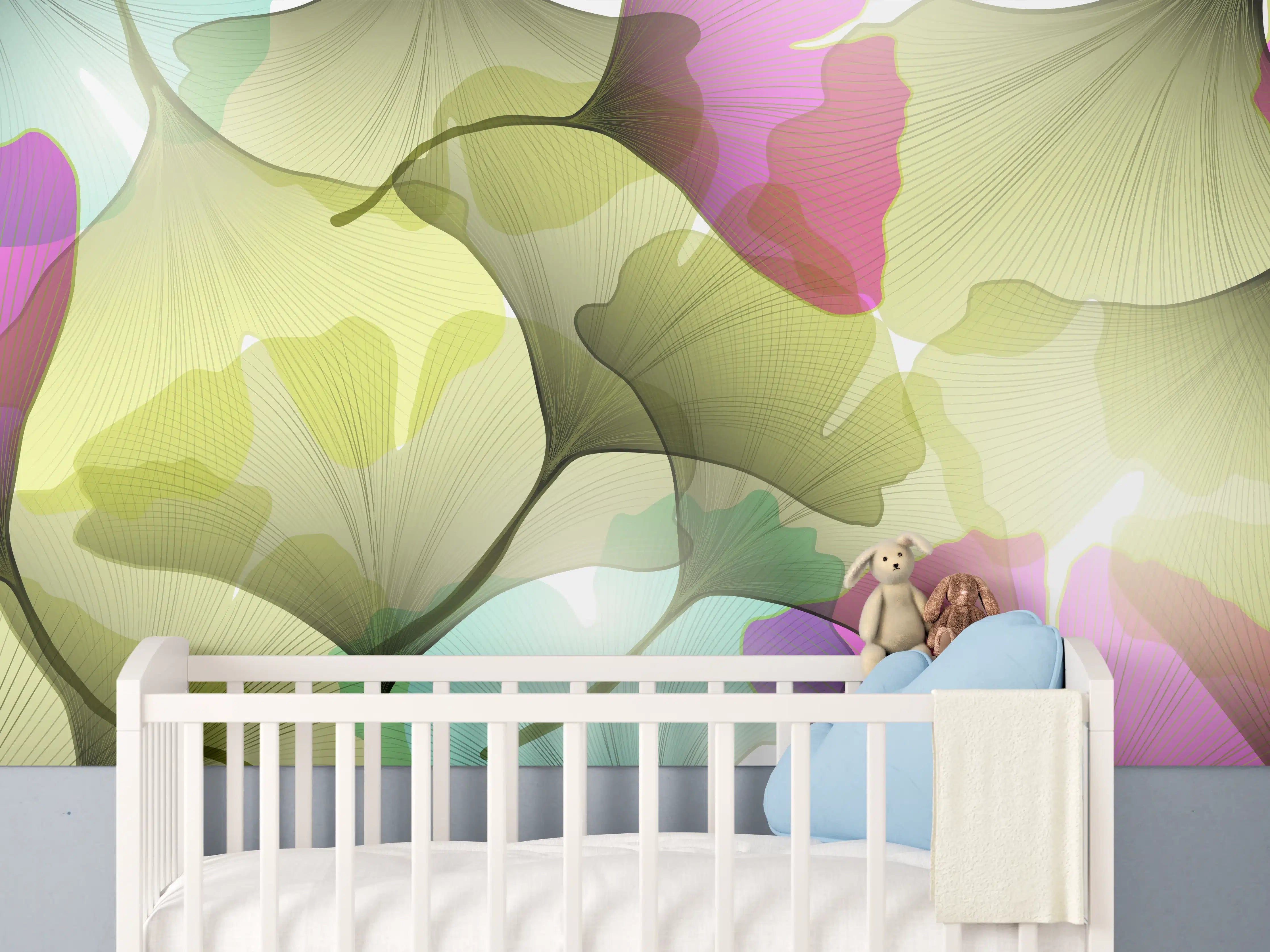Babyzimmer Wandgestaltung - Buntes Ginkgo Blätter Design