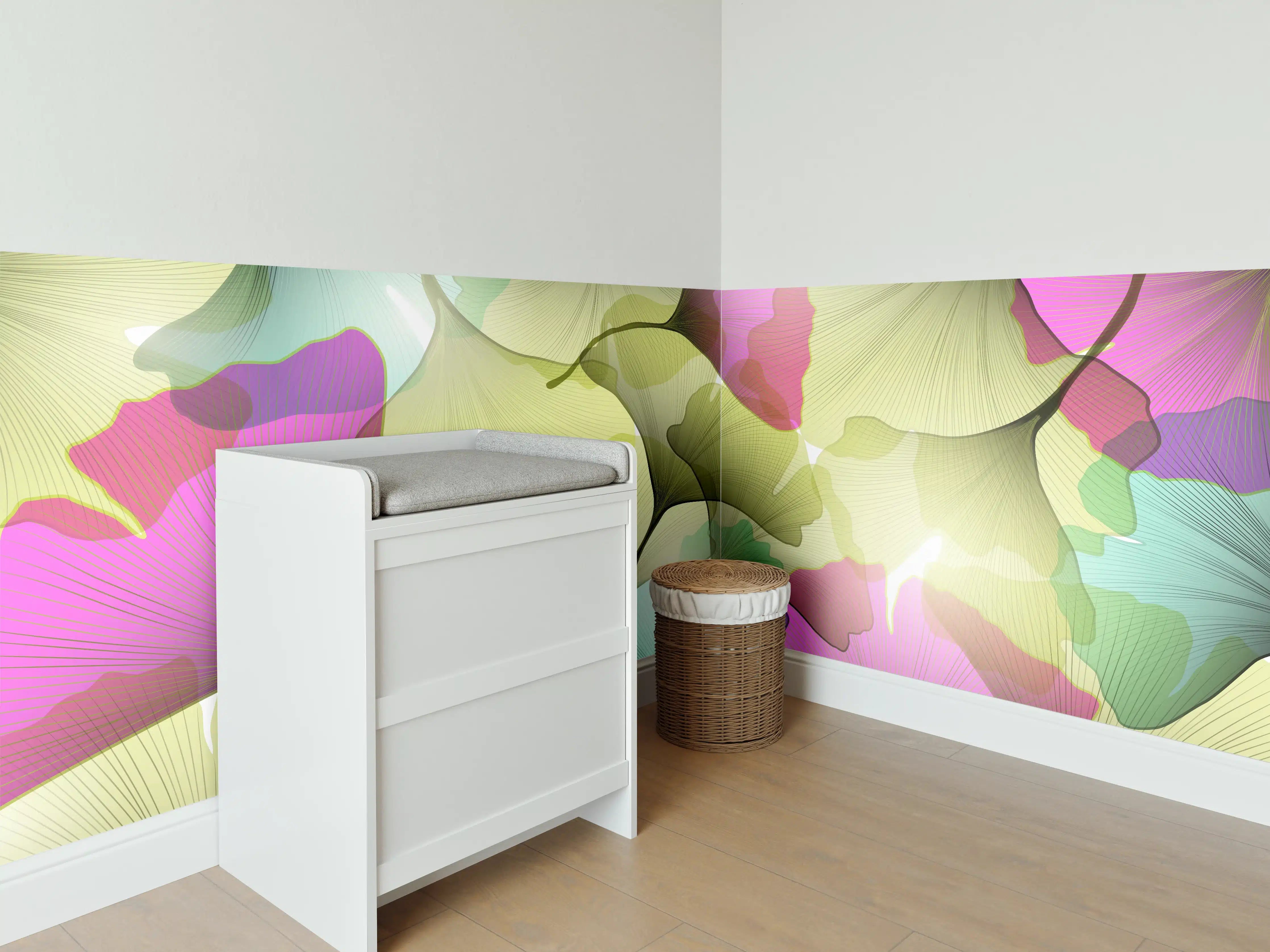 Babyzimmer Wandgestaltung - Buntes Ginkgo Blätter Design