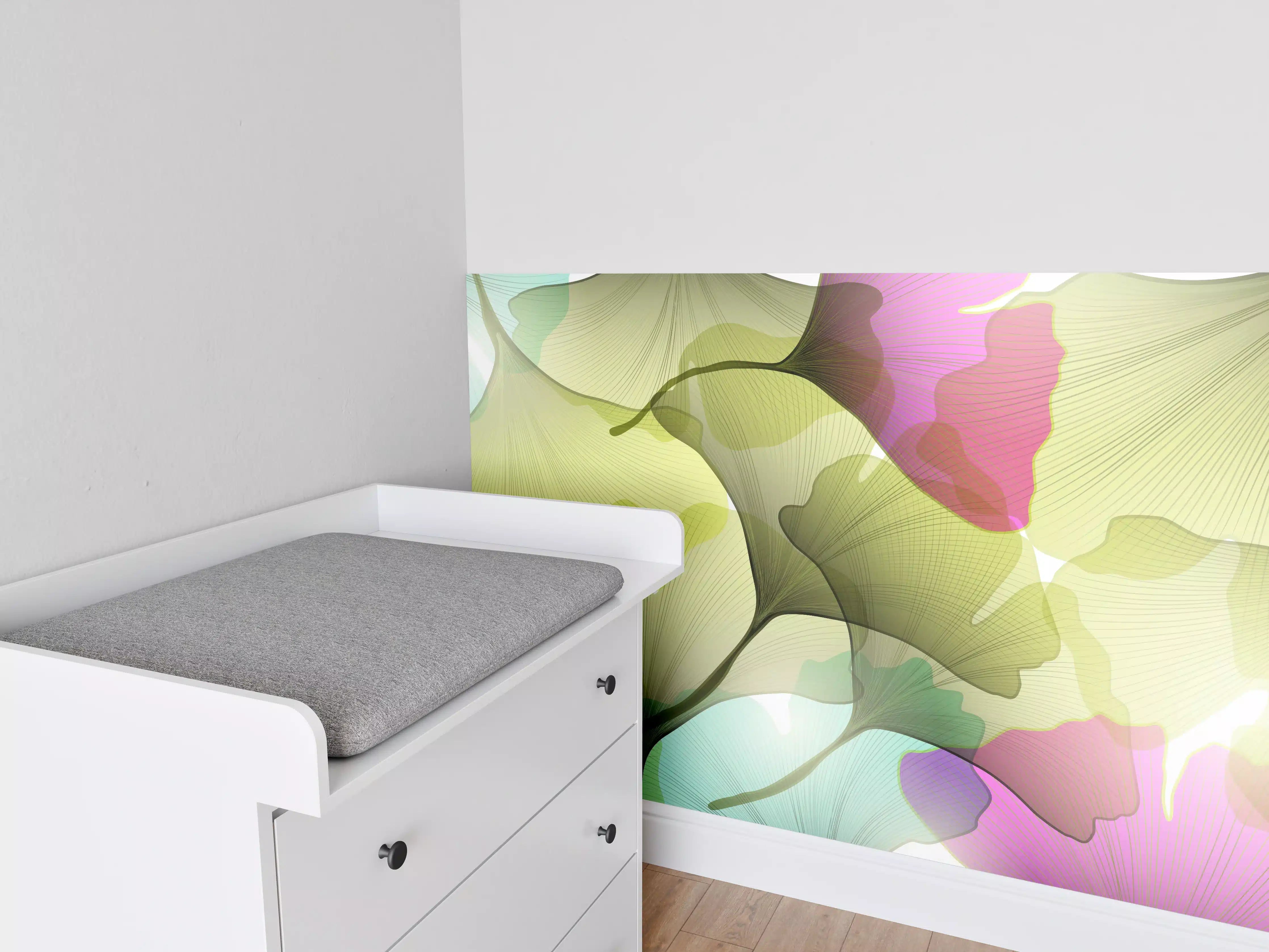 Babyzimmer Wandgestaltung - Buntes Ginkgo Blätter Design