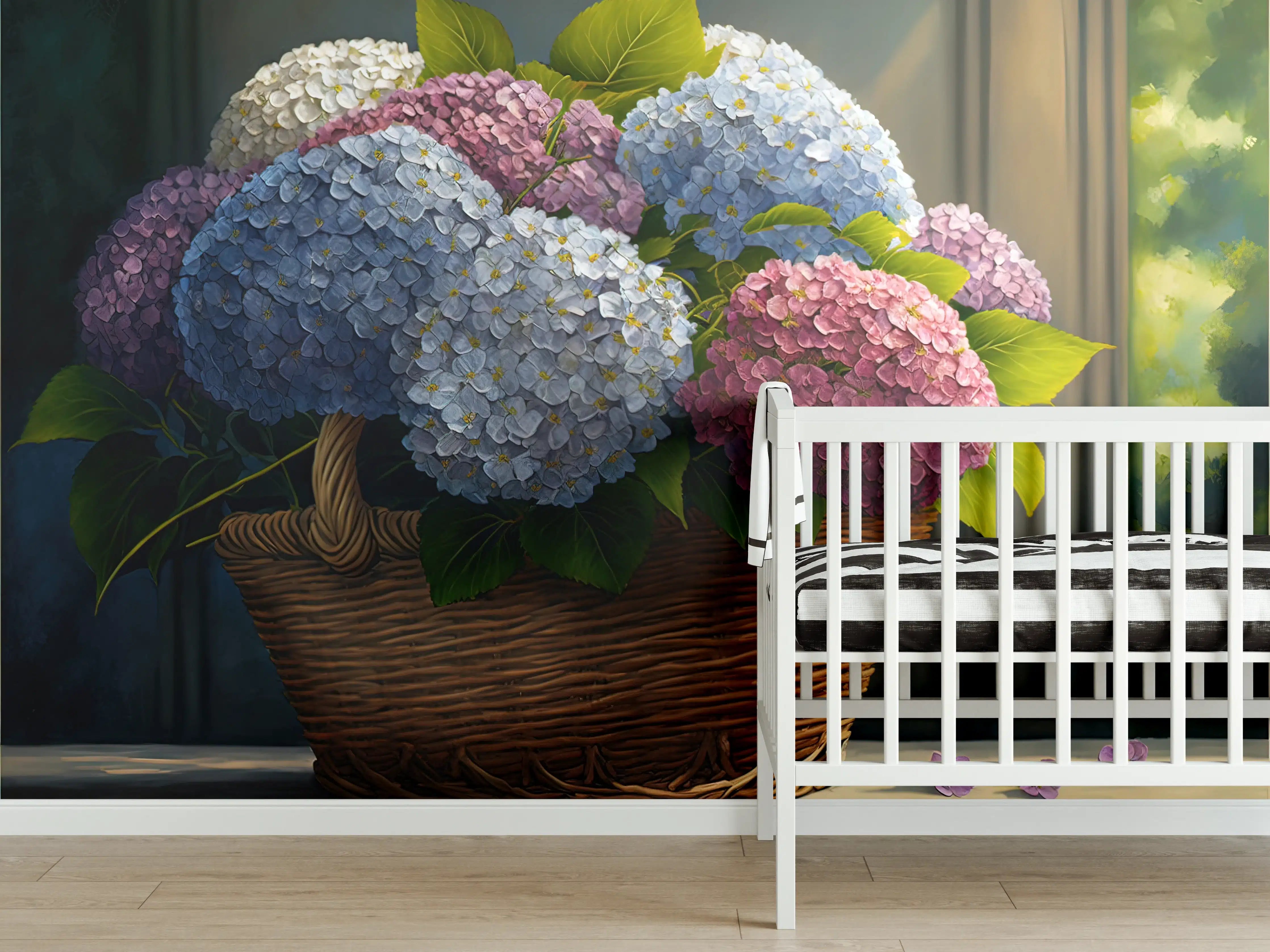 Babyzimmer Wandgestaltung - Buntes Hortensien Blumenarrangement