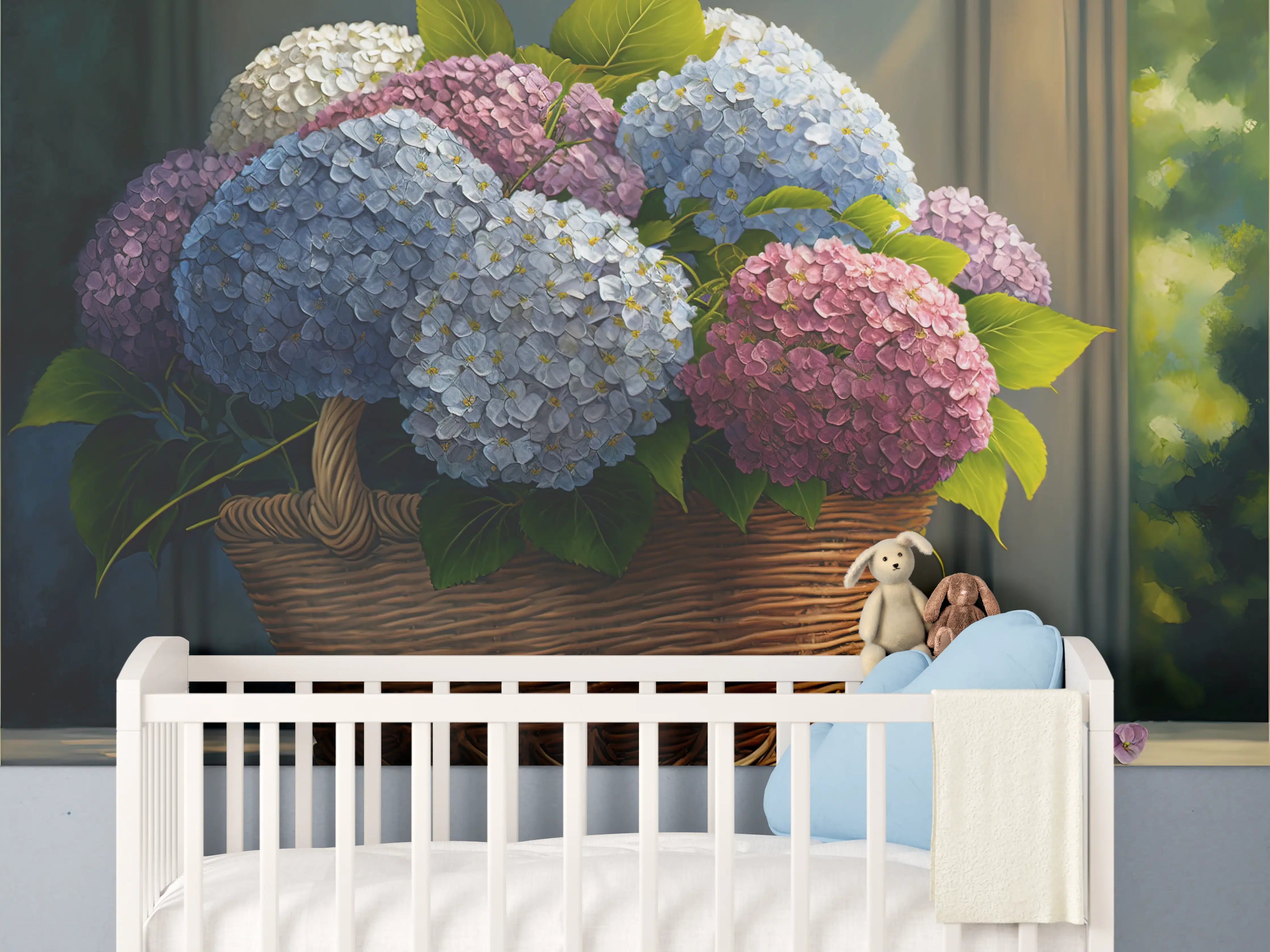 Babyzimmer Wandgestaltung - Buntes Hortensien Blumenarrangement
