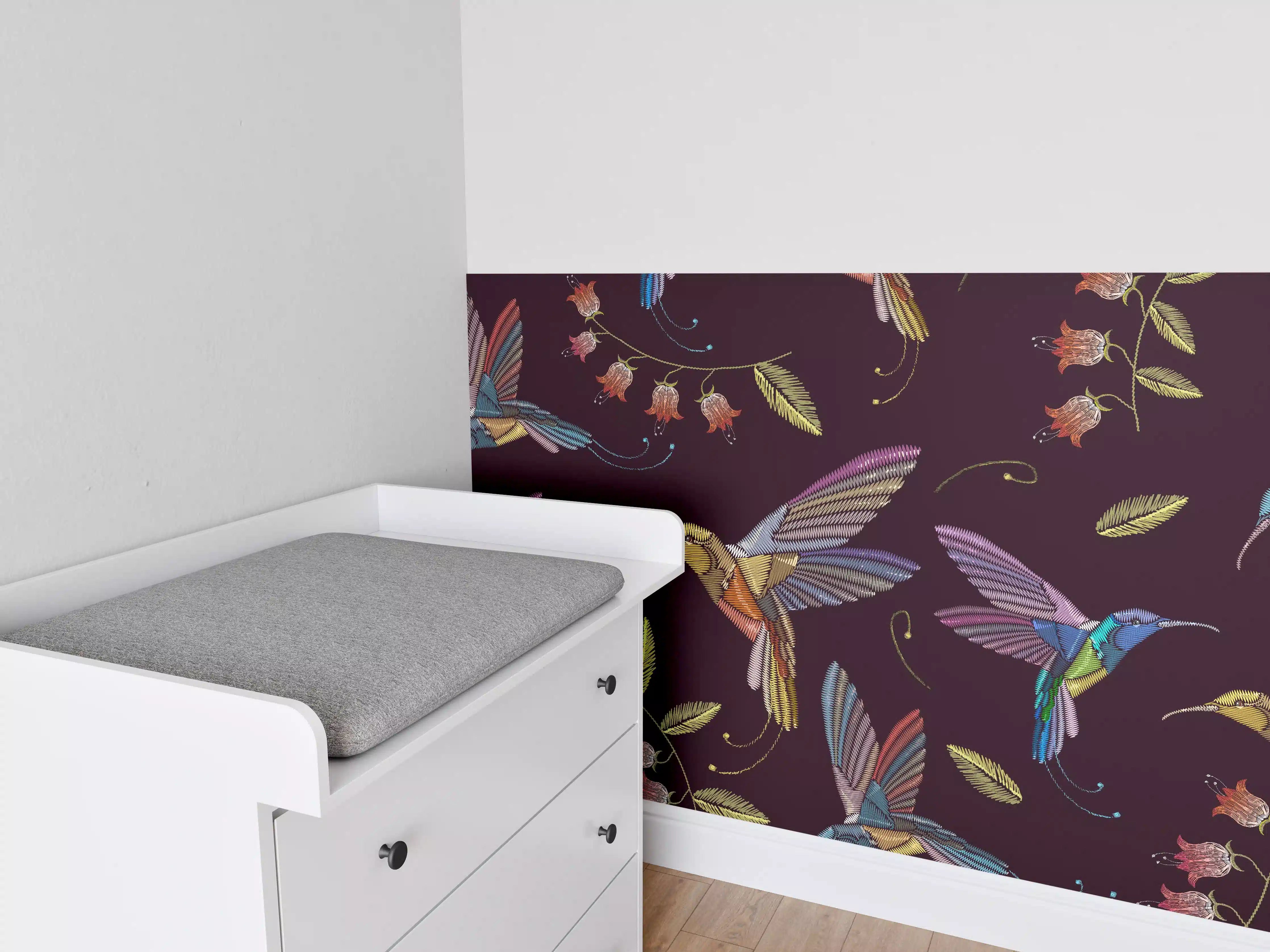 Babyzimmer Wandgestaltung - Buntes Kolibri Blumen Muster