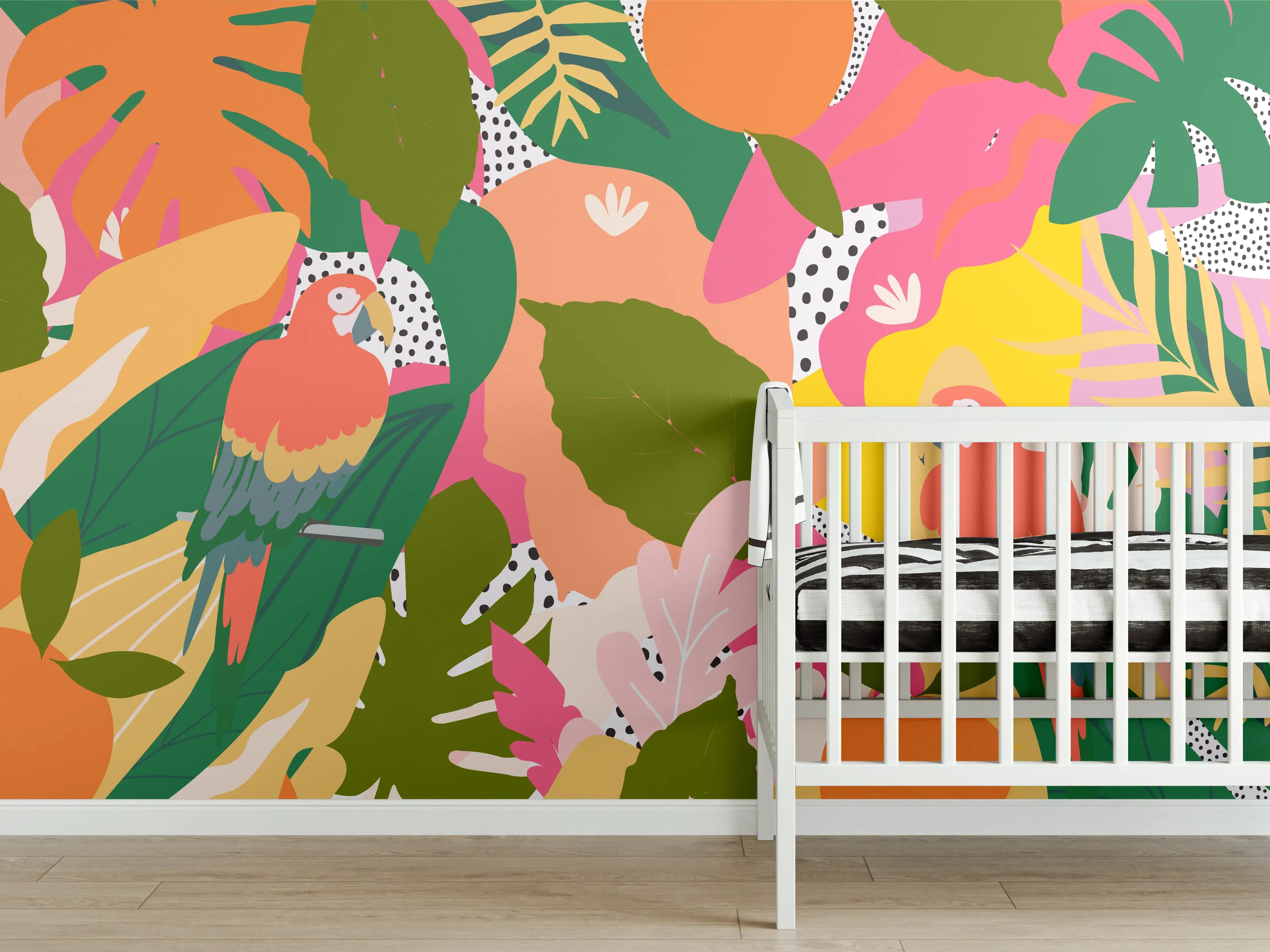Babyzimmer Wandgestaltung - Buntes Papagei-Dschungelmuster
