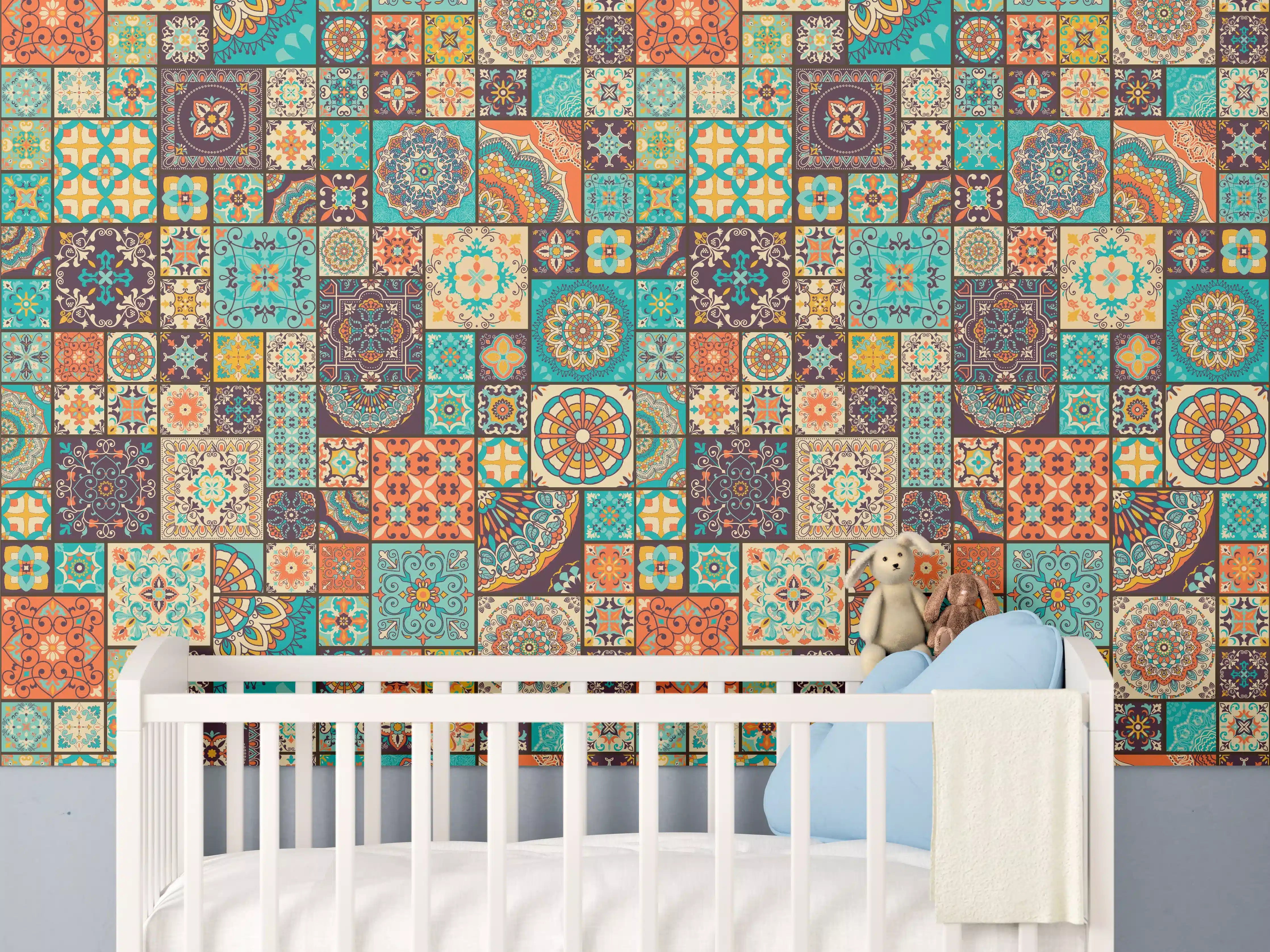 Babyzimmer Wandgestaltung - Buntes Patchwork Fliesenmuster