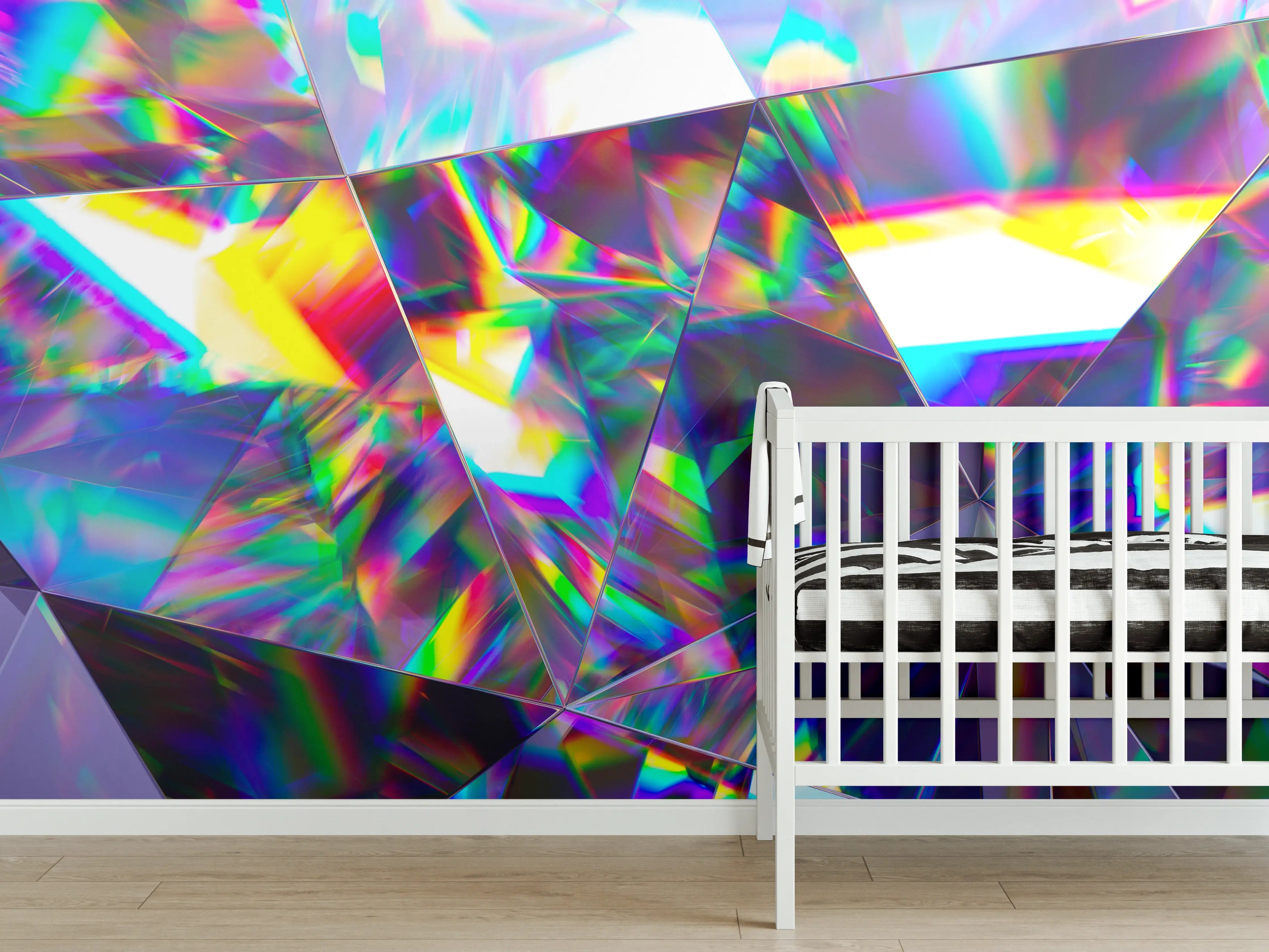Babyzimmer Wandgestaltung - Buntes Prisma-Muster mit holografischem Glanz