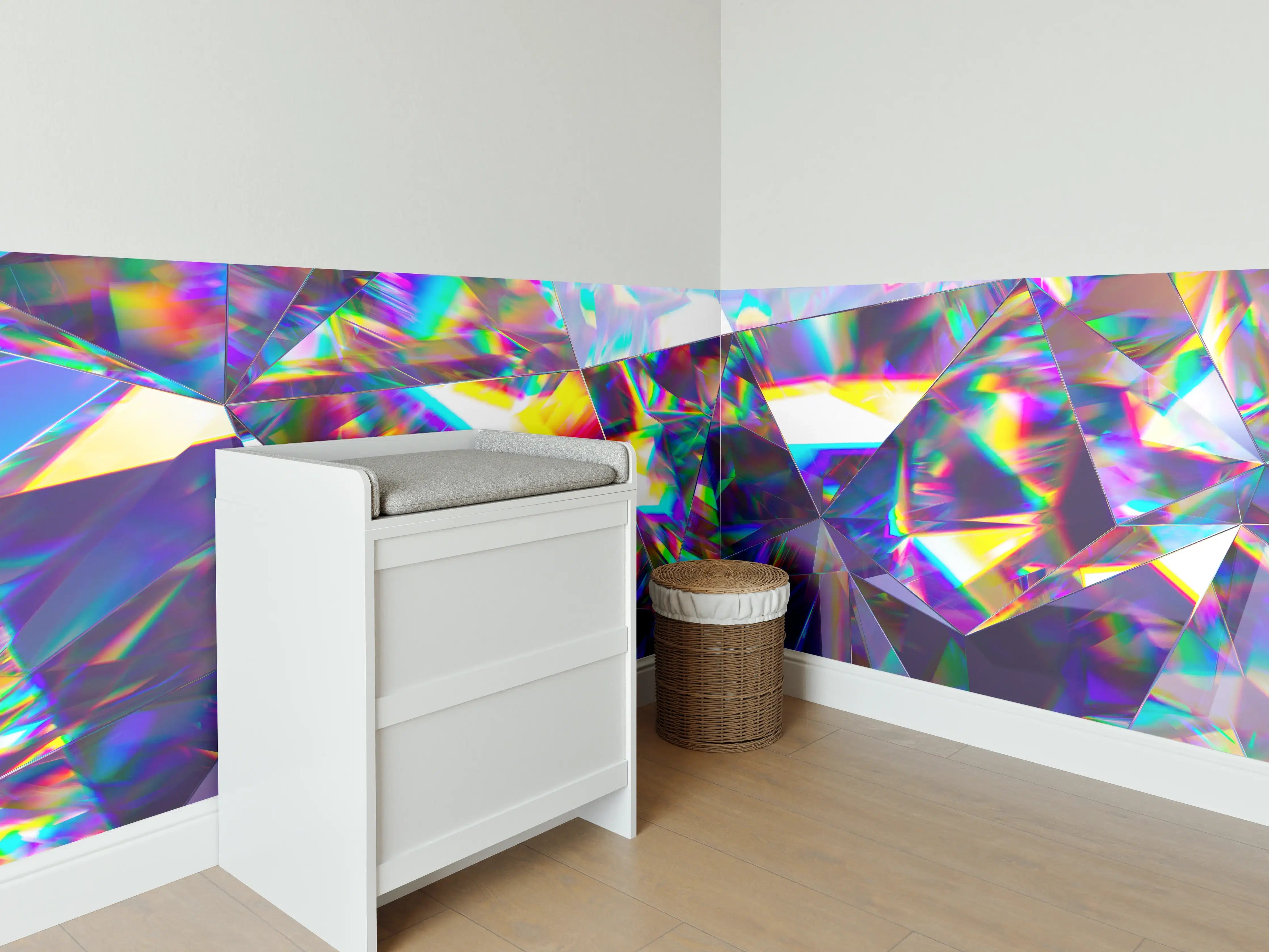 Babyzimmer Wandgestaltung - Buntes Prisma-Muster mit holografischem Glanz