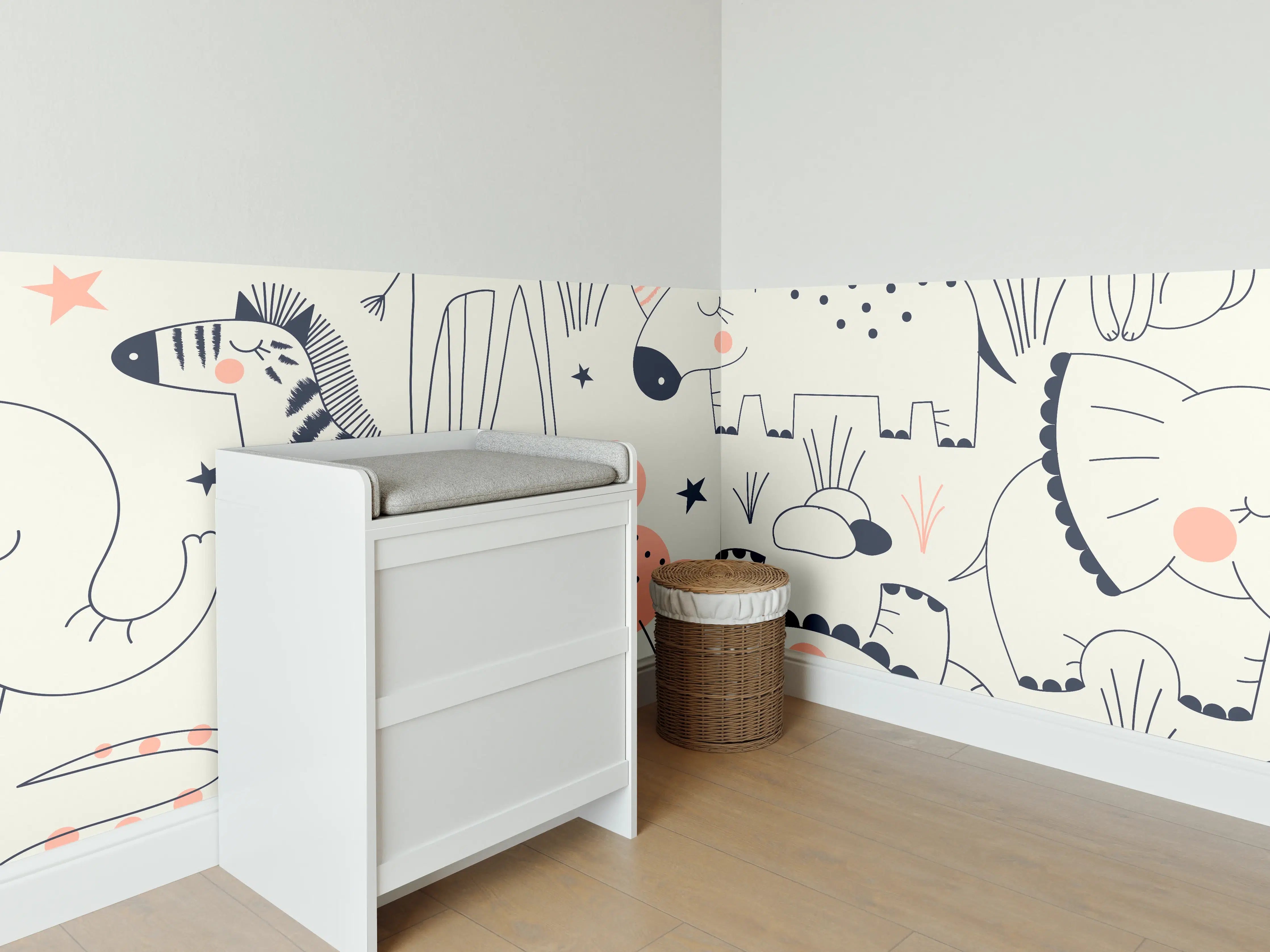 Babyzimmer Wandgestaltung - Buntes Tiermuster Print