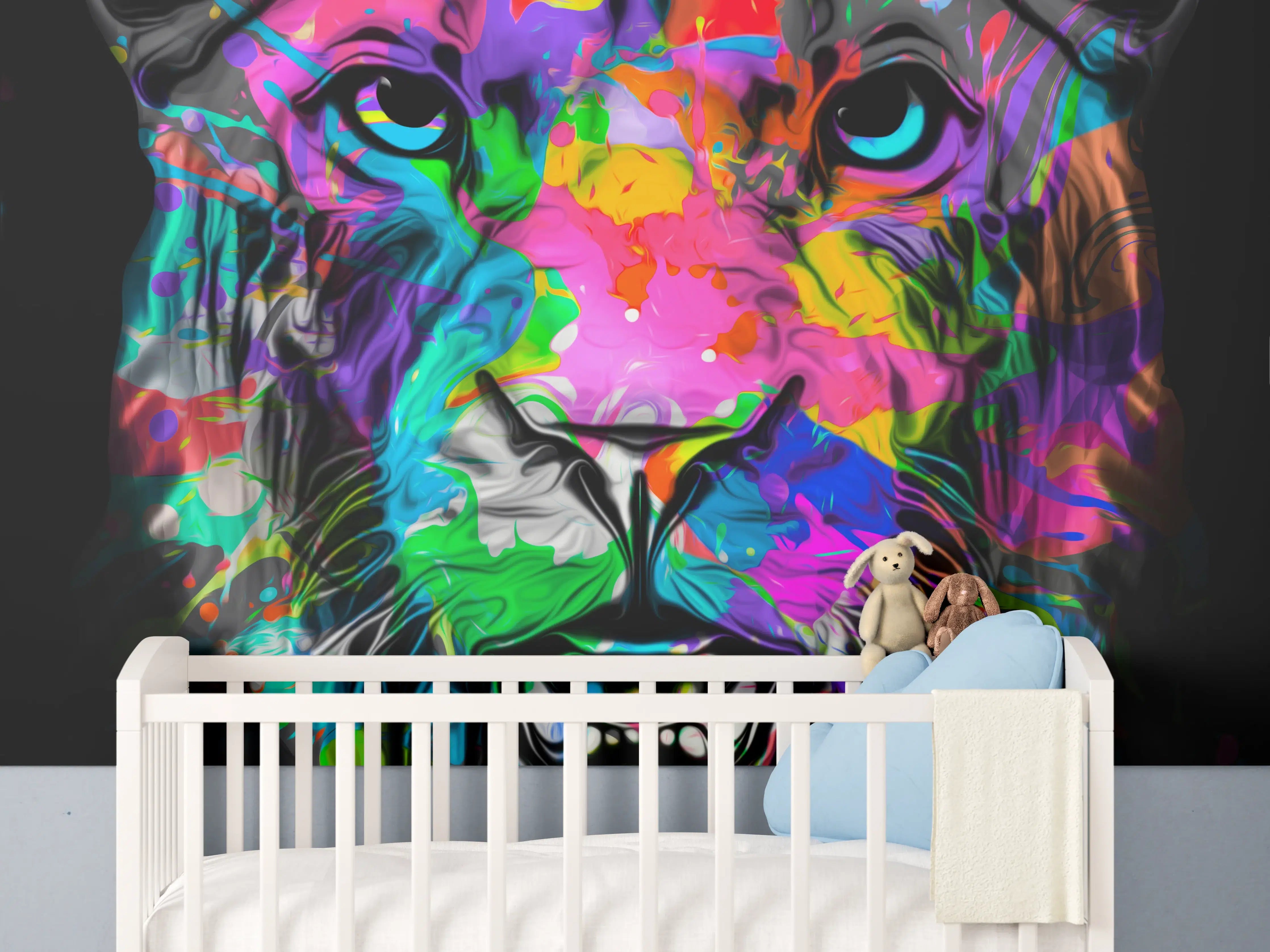 Babyzimmer Wandgestaltung - Buntes Tigerkopfdesign