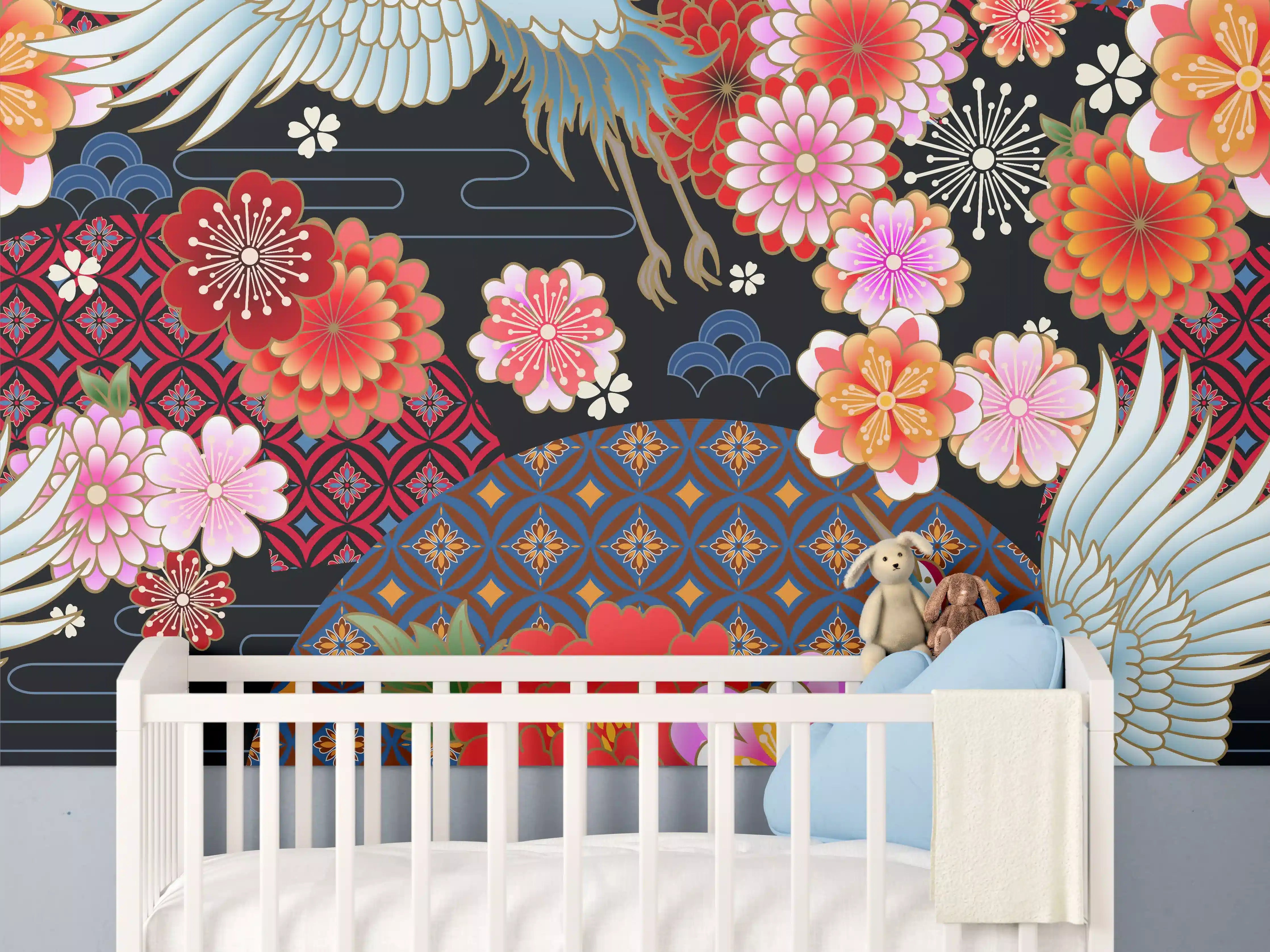 Babyzimmer Wandgestaltung - Buntes Vogel-Blumen-Muster
