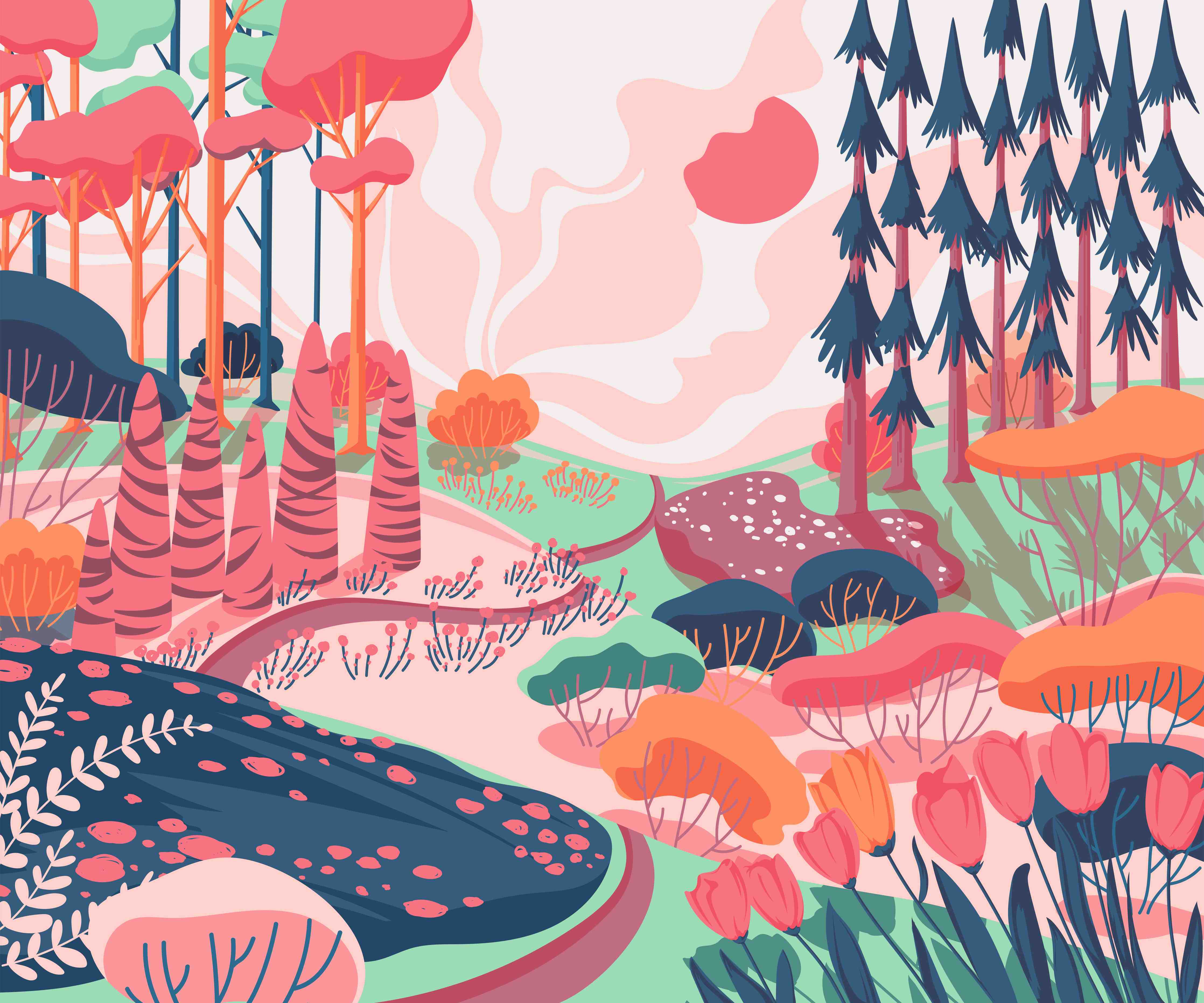 Babyzimmer Wandgestaltung-Buntes Waldlandschaft Illustration