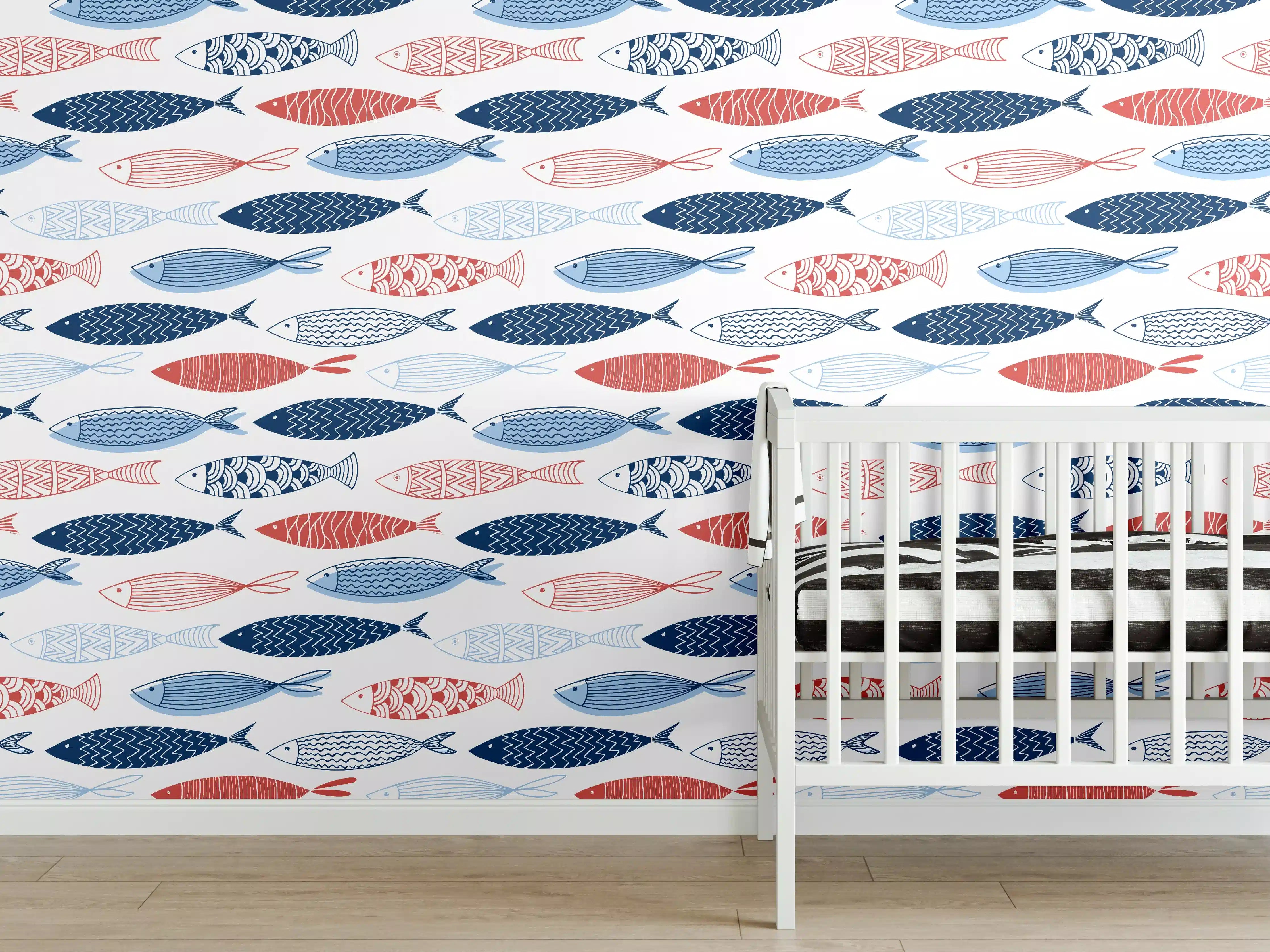 Babyzimmer Wandgestaltung - Cartoon-Fische Blau-Rot