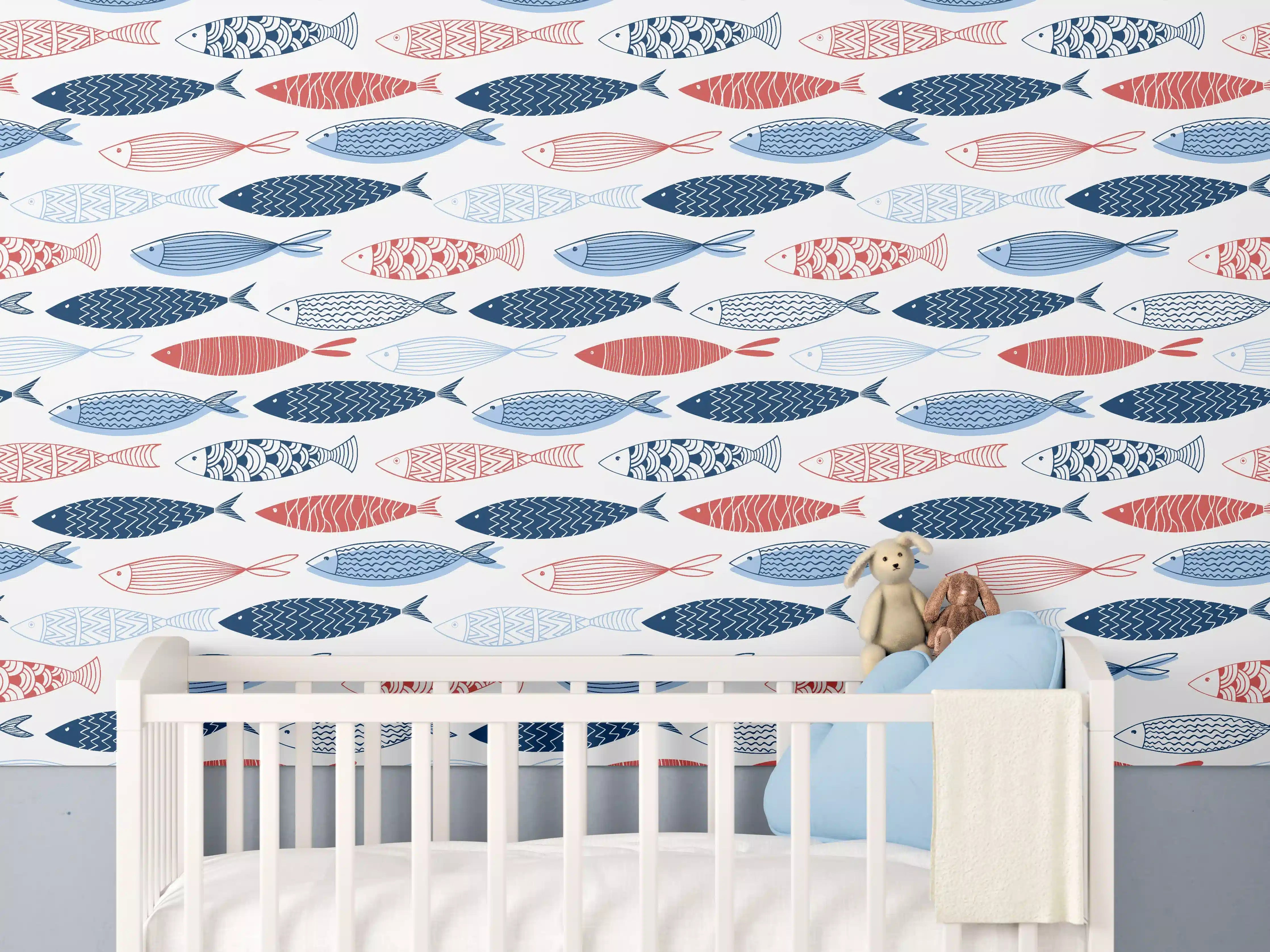 Babyzimmer Wandgestaltung - Cartoon-Fische Blau-Rot