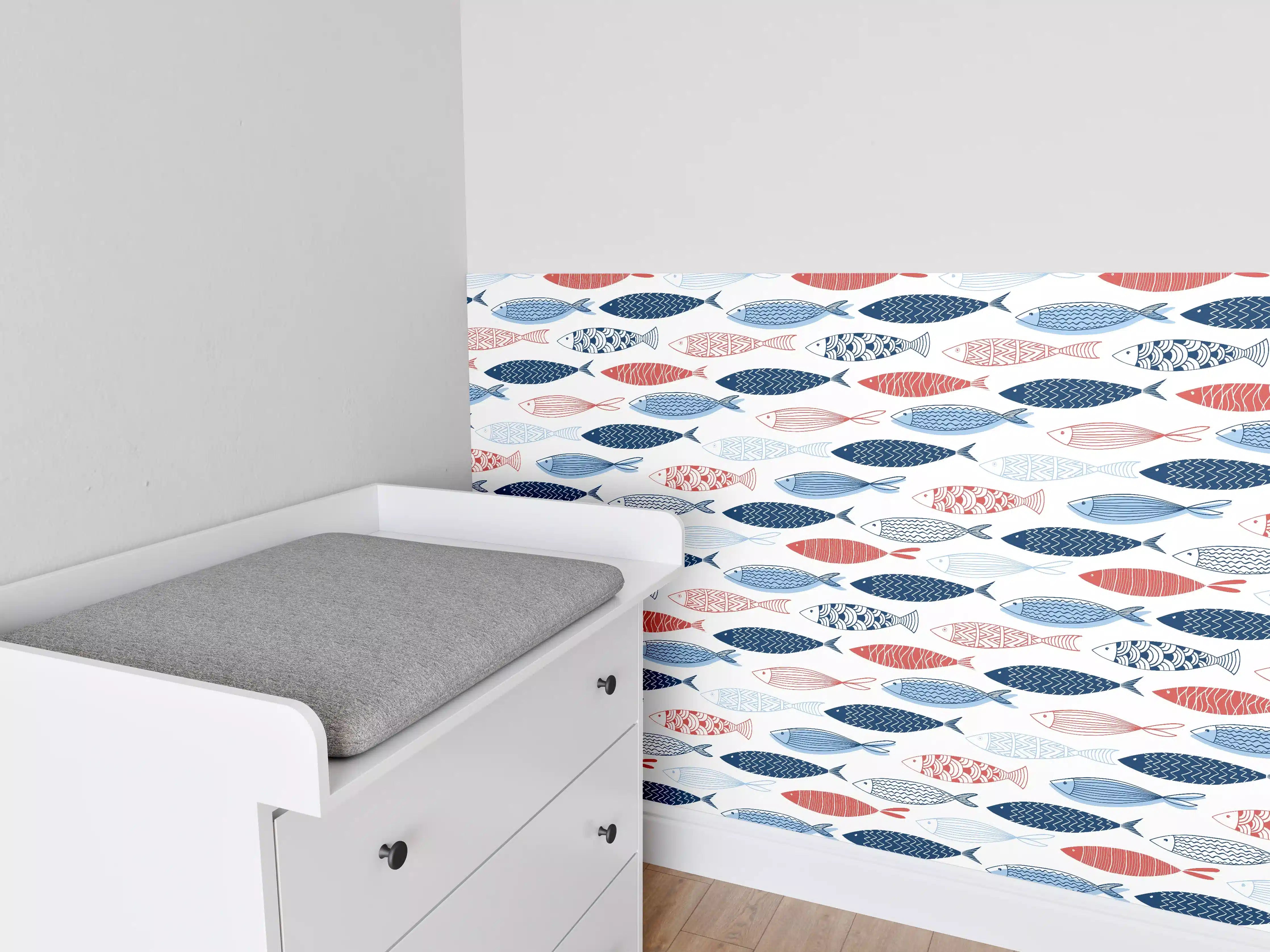 Babyzimmer Wandgestaltung - Cartoon-Fische Blau-Rot