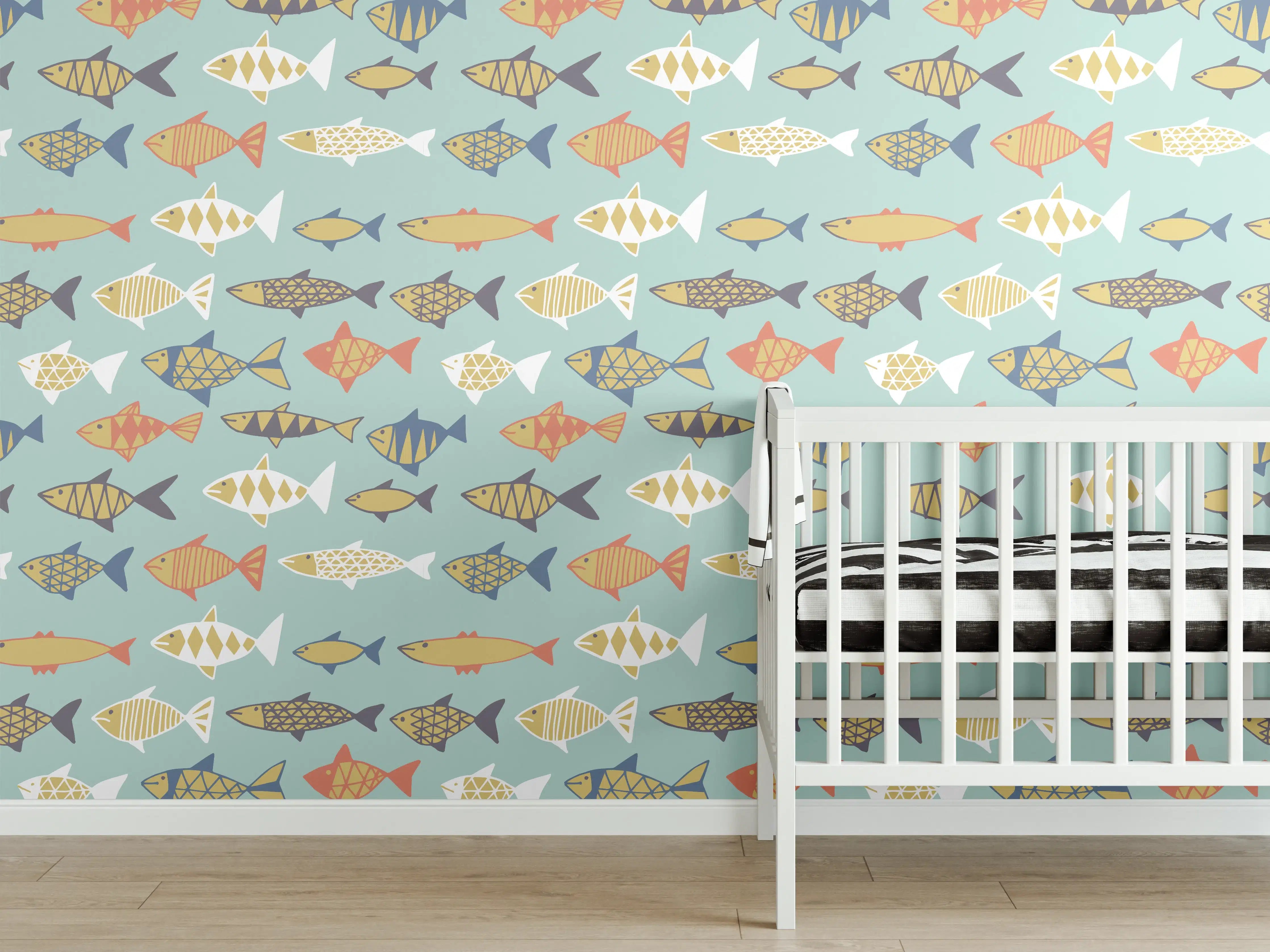 Babyzimmer Wandgestaltung - Cartoon-Fische Türkis-Orange Muster