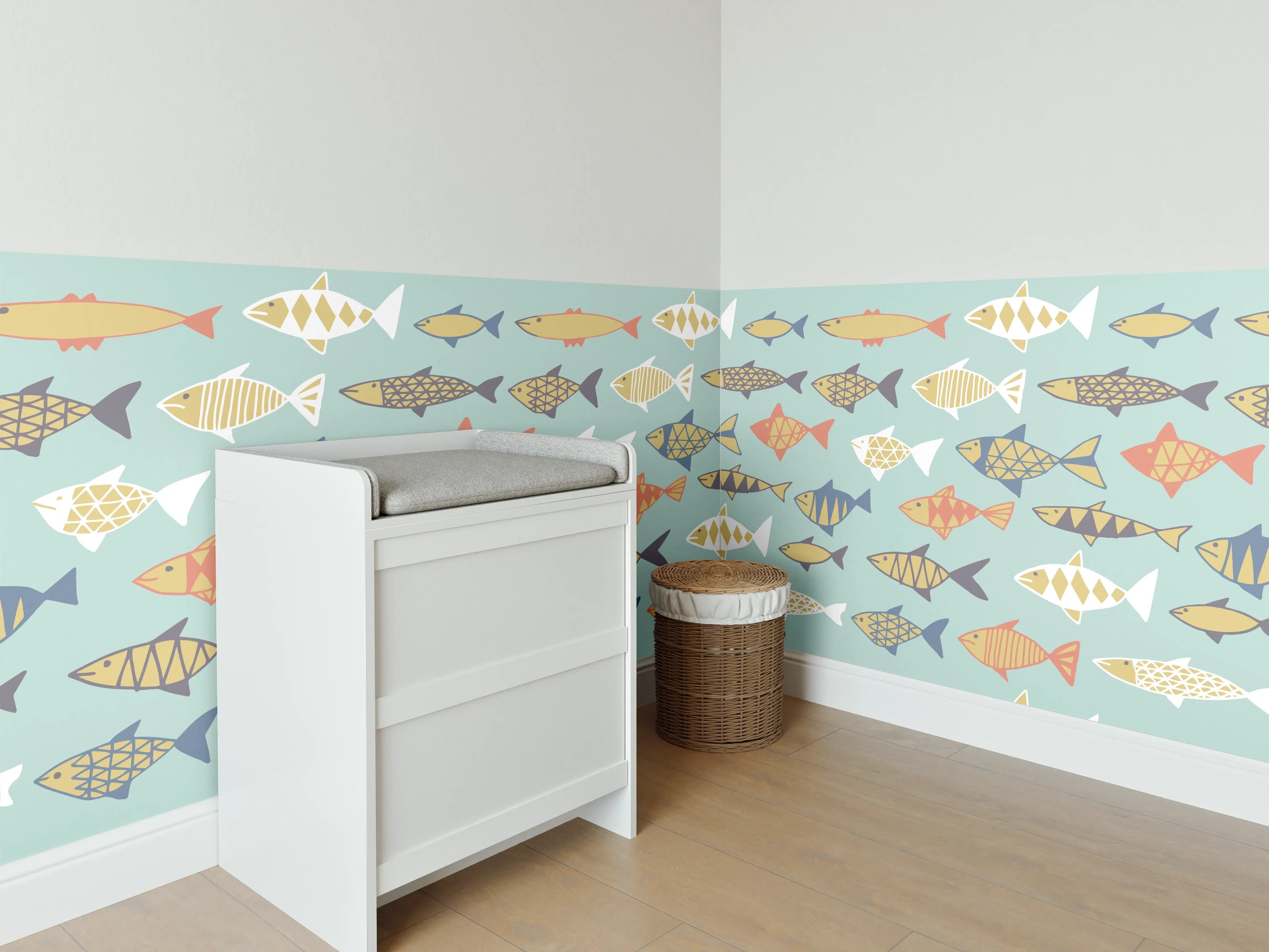 Babyzimmer Wandgestaltung - Cartoon-Fische Türkis-Orange Muster