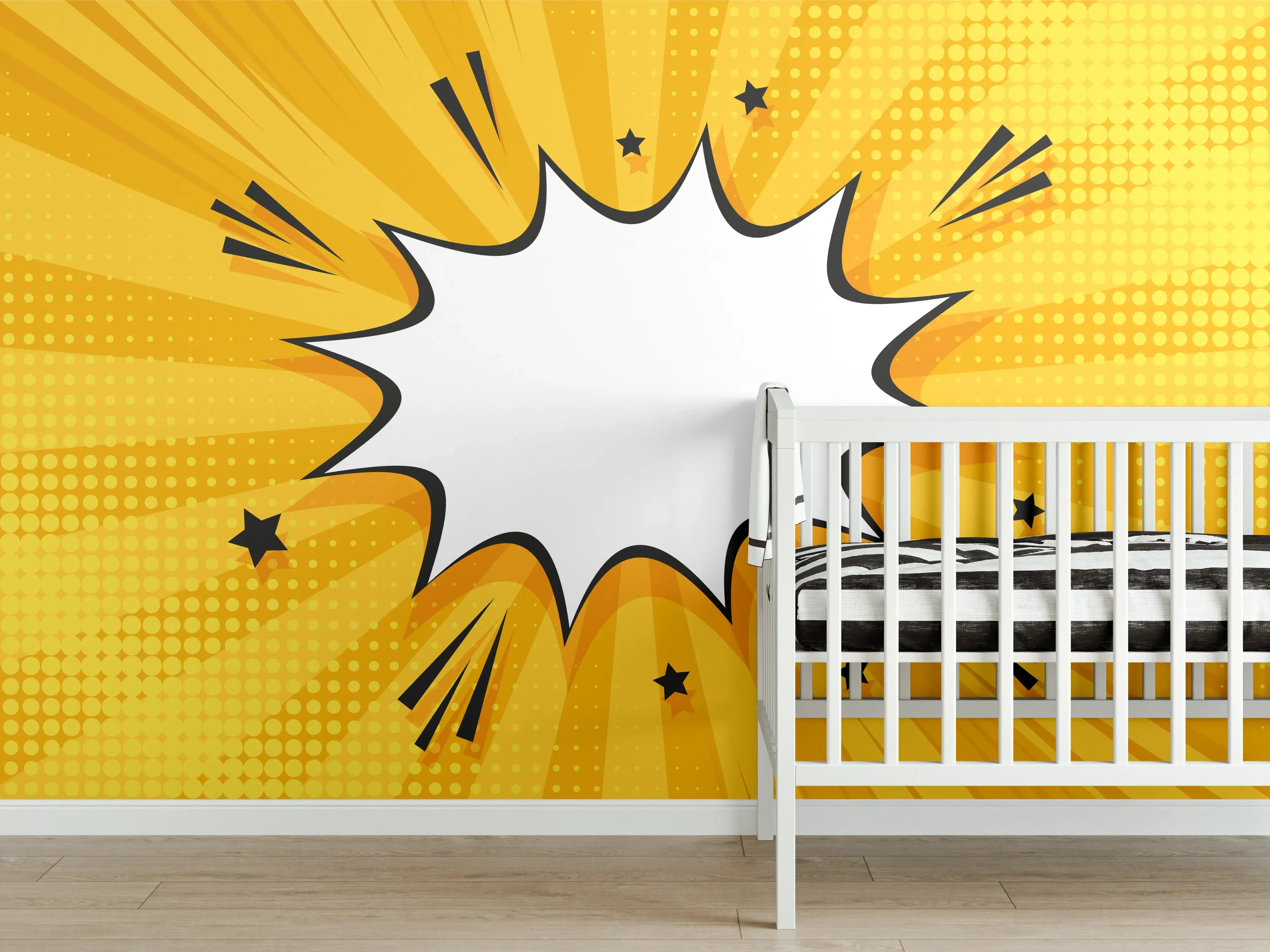 Babyzimmer Wandgestaltung - Comic-Explosion mit gelbem Hintergrund
