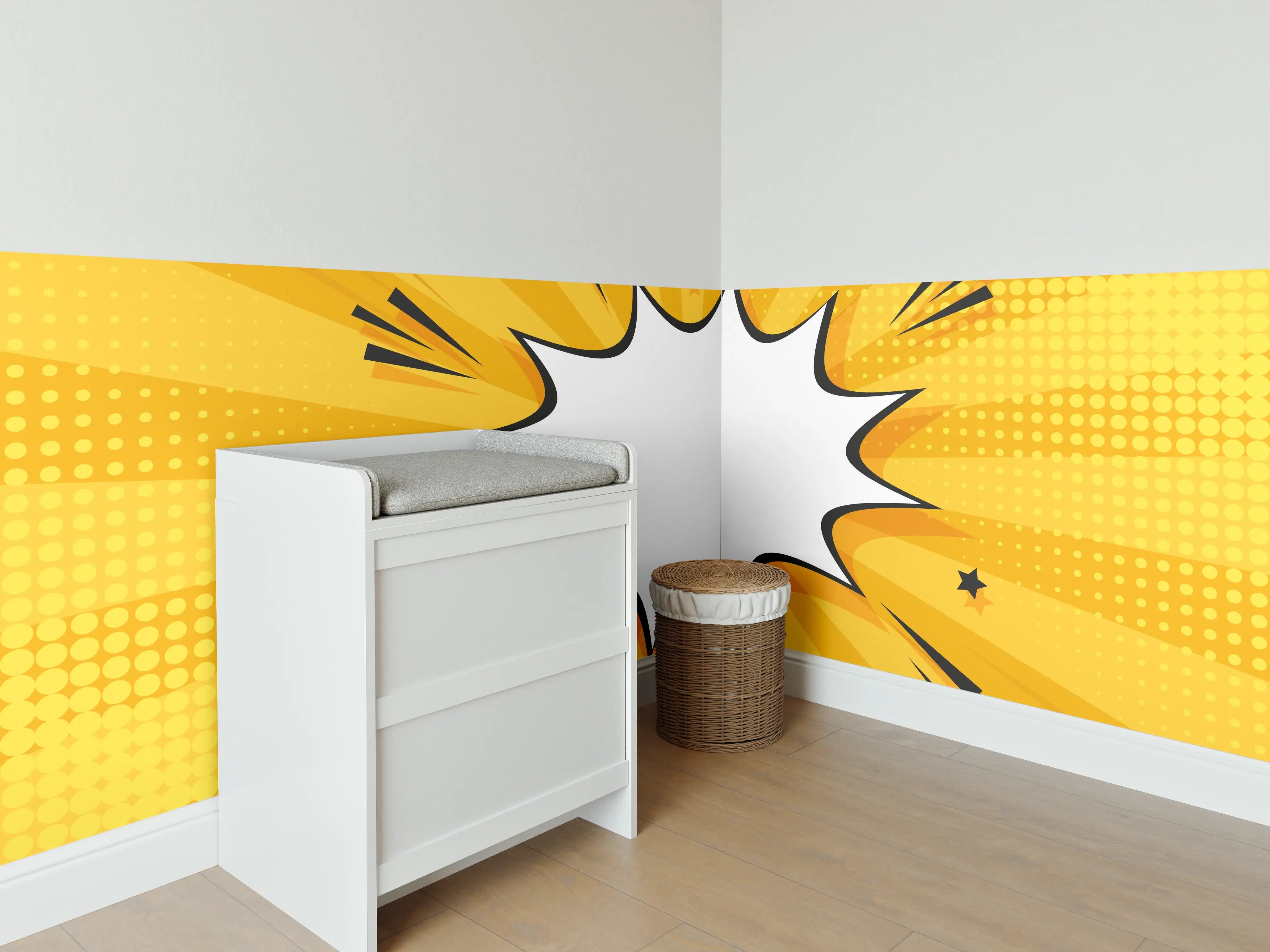 Babyzimmer Wandgestaltung - Comic-Explosion mit gelbem Hintergrund