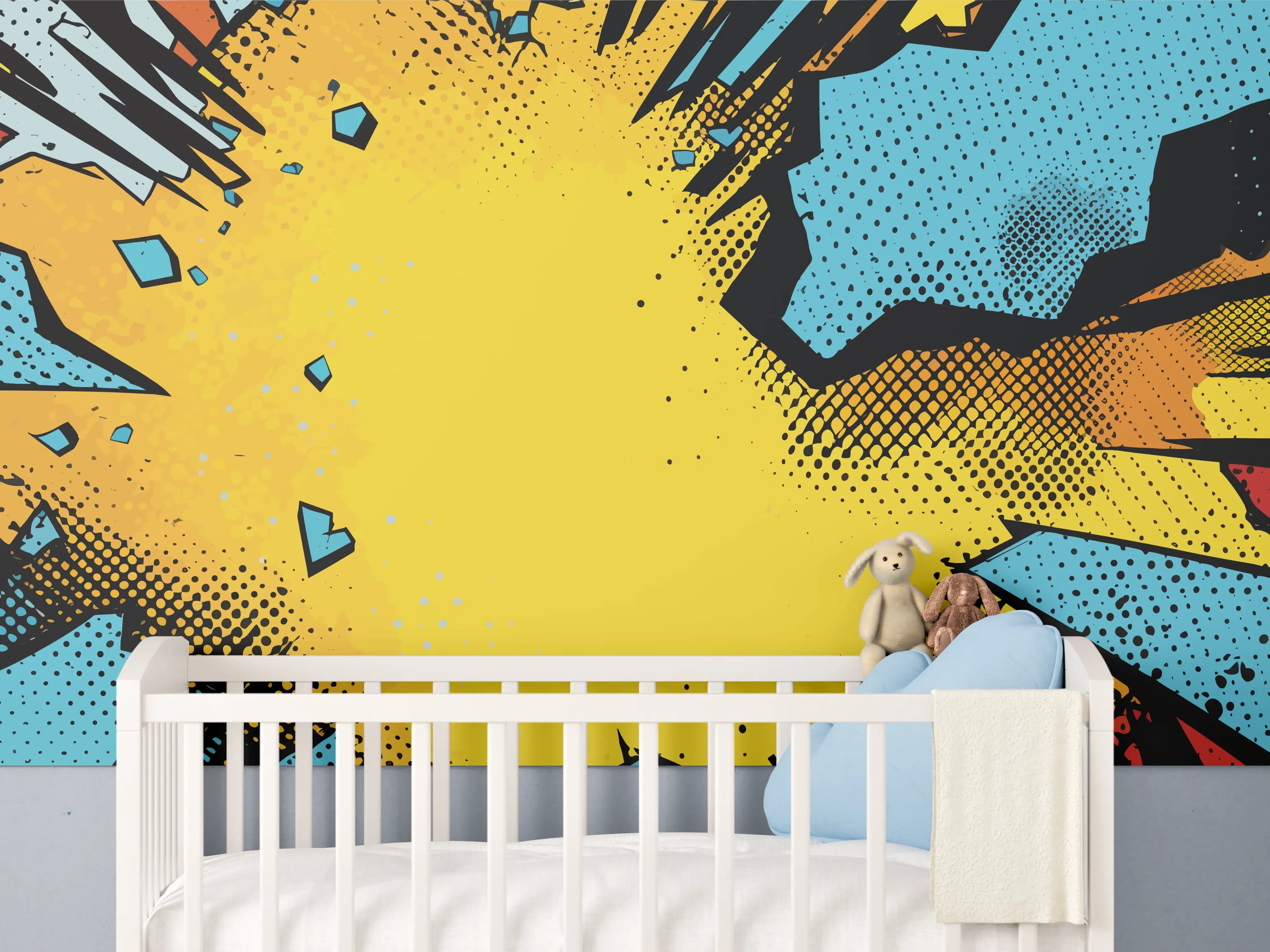 Babyzimmer Wandgestaltung - Comic-Style Explosionskunst in Blau und Gelb