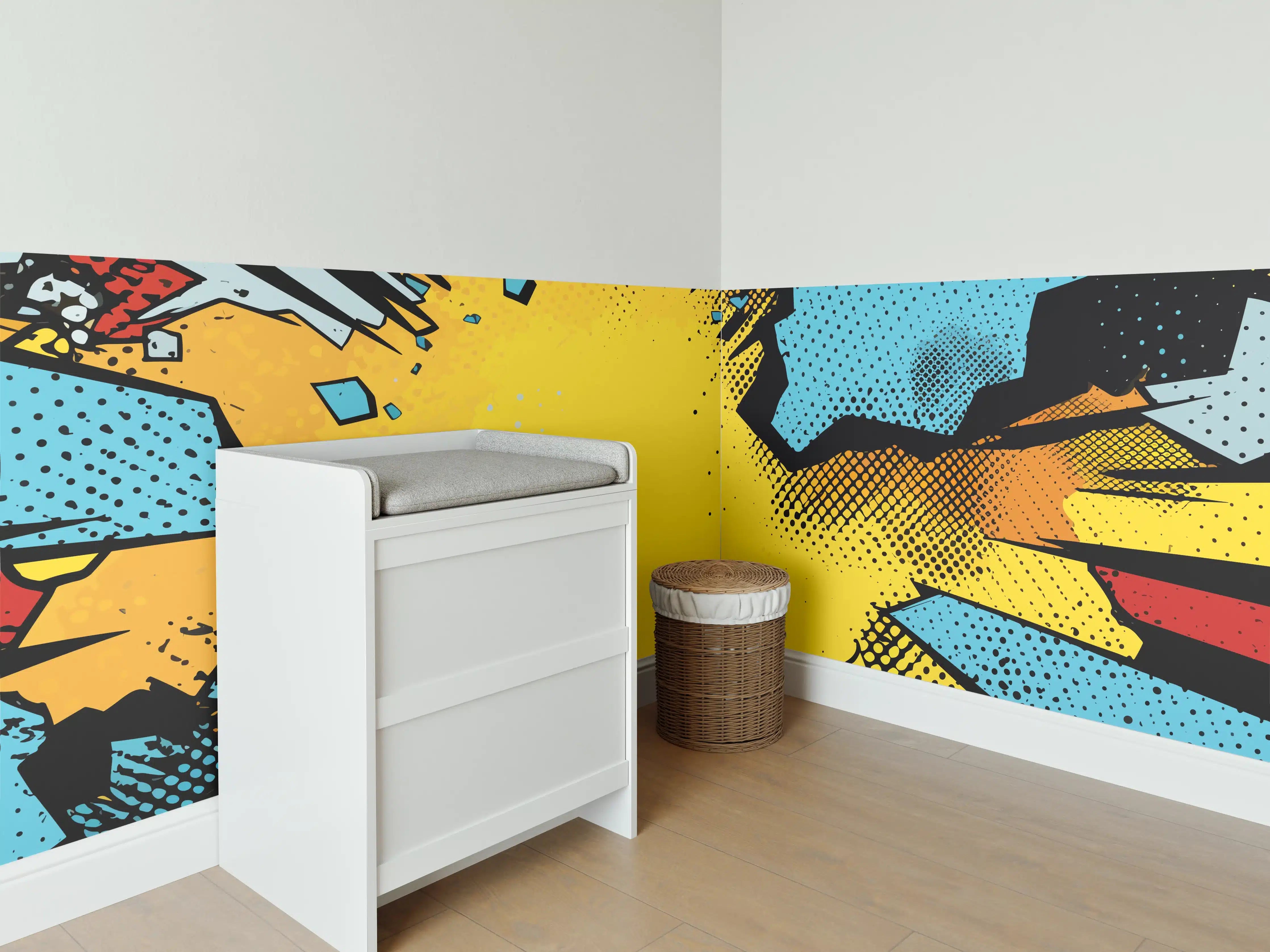 Babyzimmer Wandgestaltung - Comic-Style Explosionskunst in Blau und Gelb