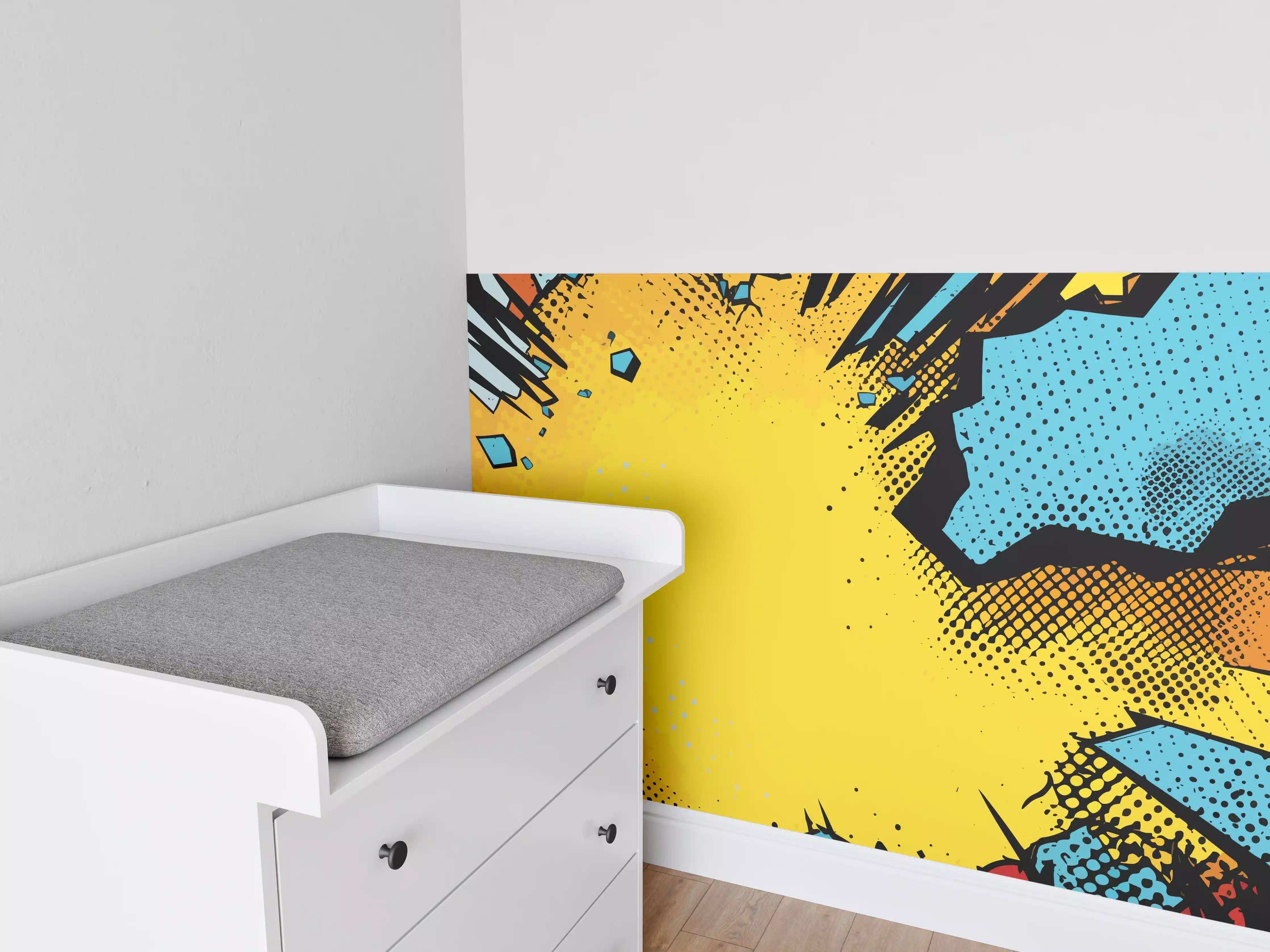 Babyzimmer Wandgestaltung - Comic-Style Explosionskunst in Blau und Gelb