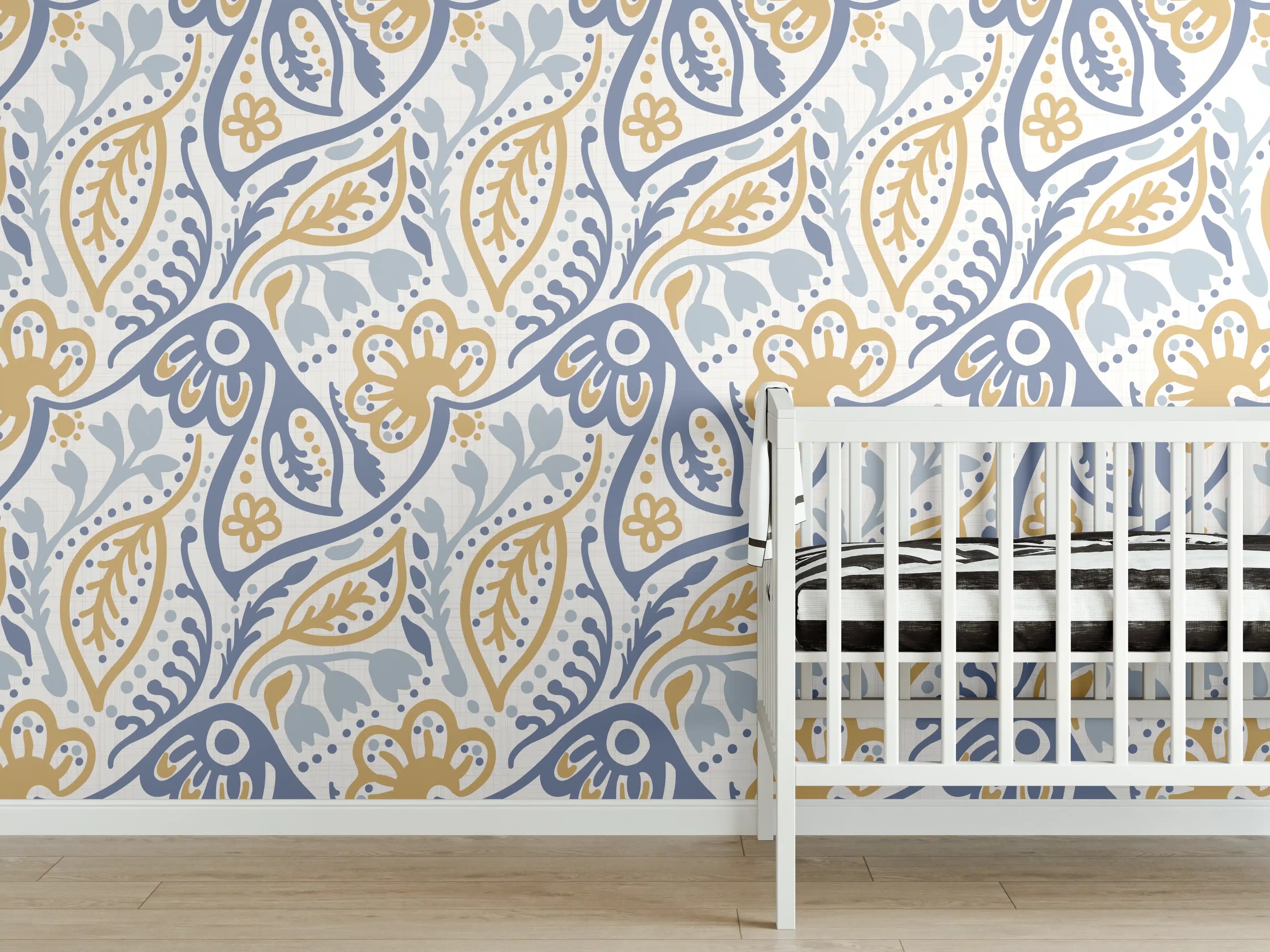 Babyzimmer Wandgestaltung - Damastmuster Nahtlos Blau Gelb