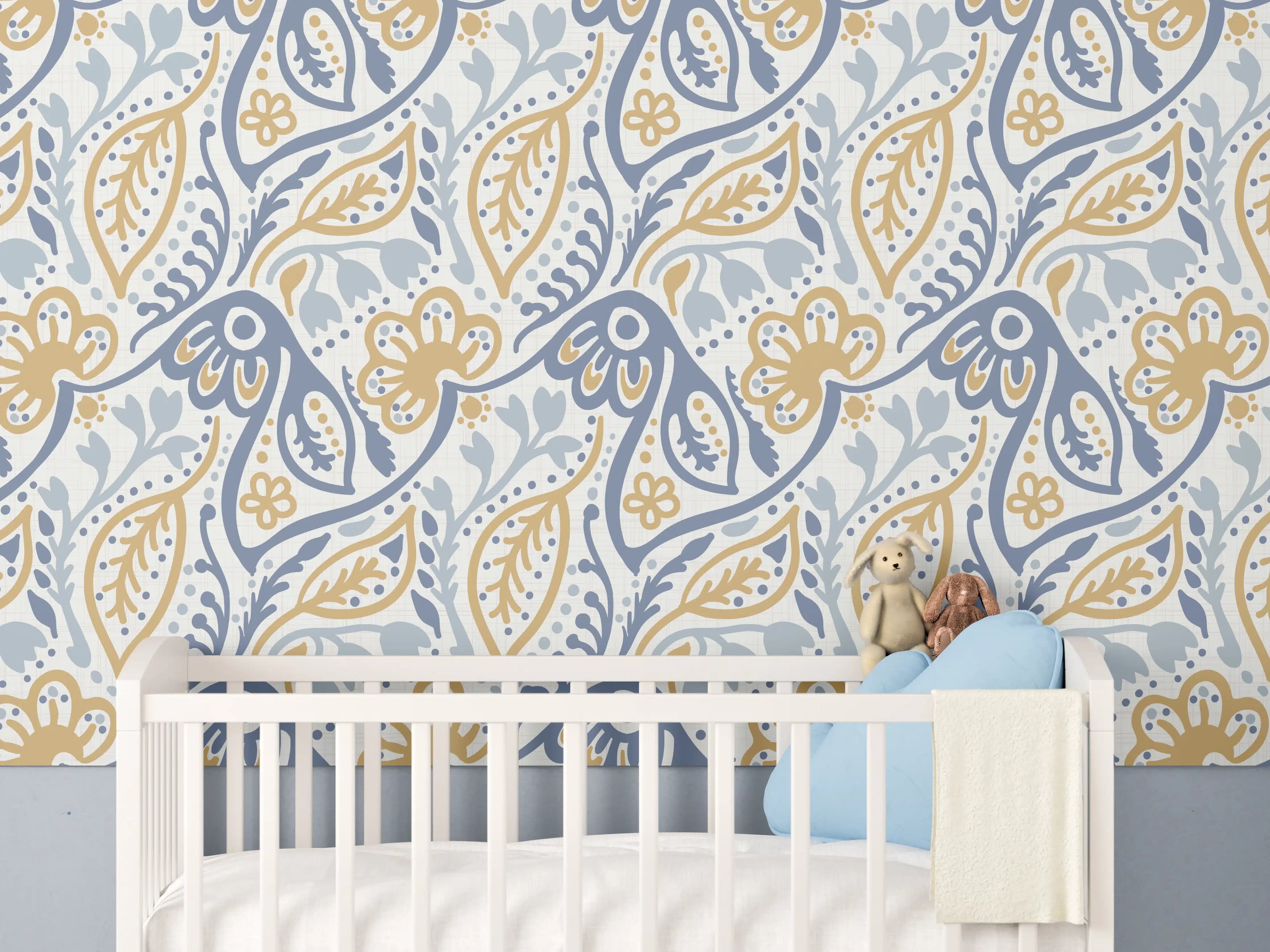 Babyzimmer Wandgestaltung - Damastmuster Nahtlos Blau Gelb