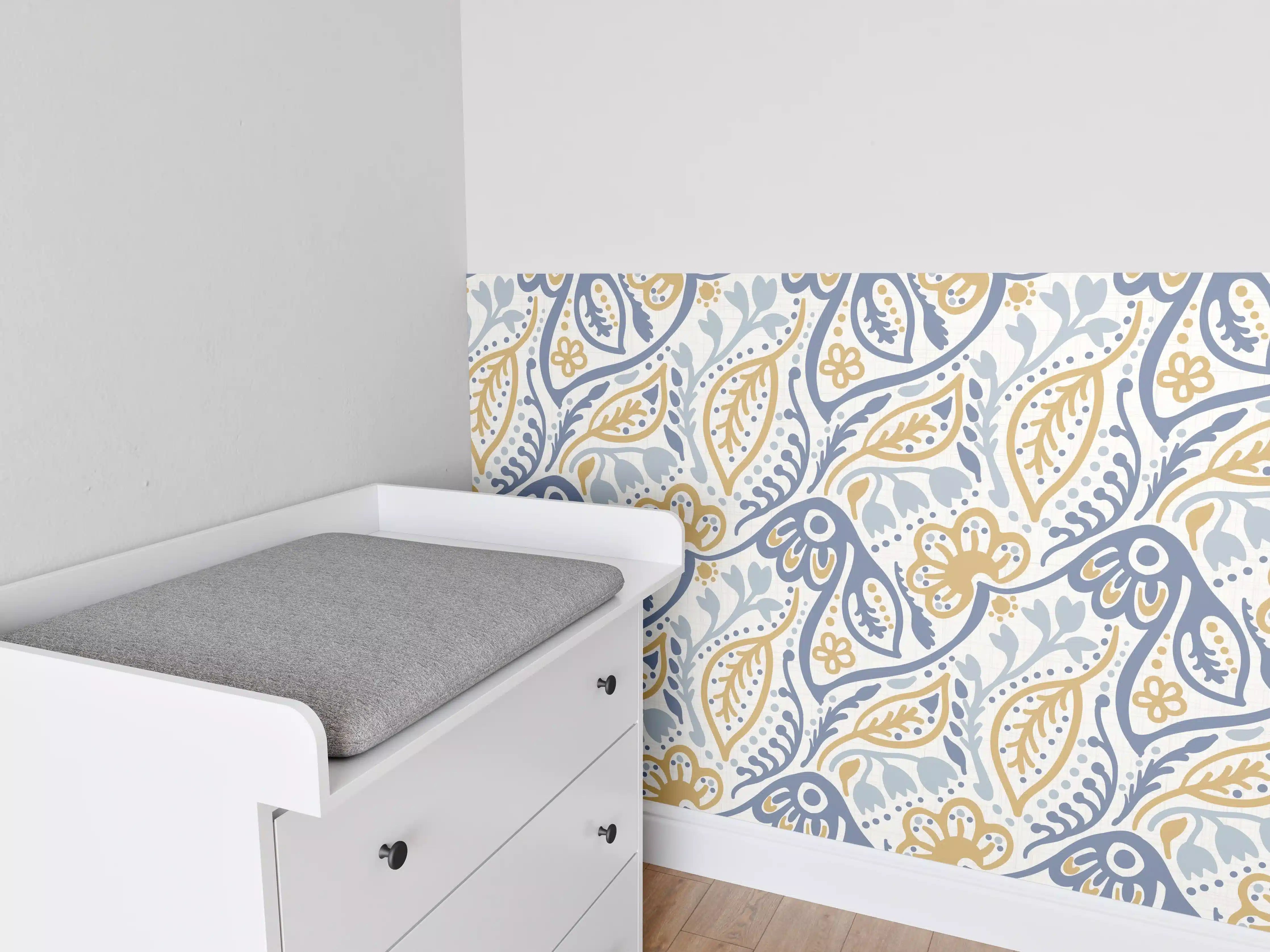 Babyzimmer Wandgestaltung - Damastmuster Nahtlos Blau Gelb