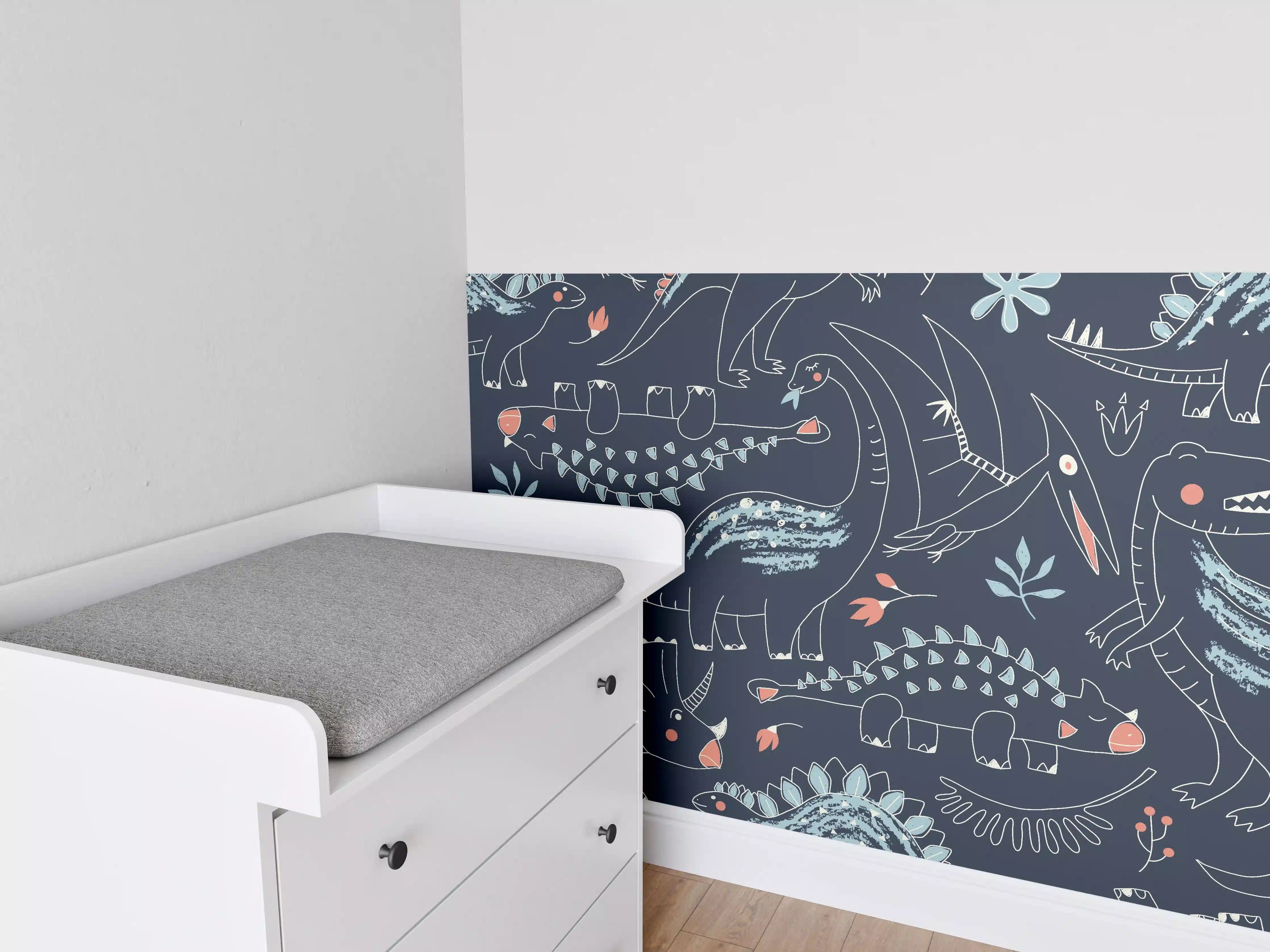 Babyzimmer Wandgestaltung - Dinosaurier Muster Dunkelblau