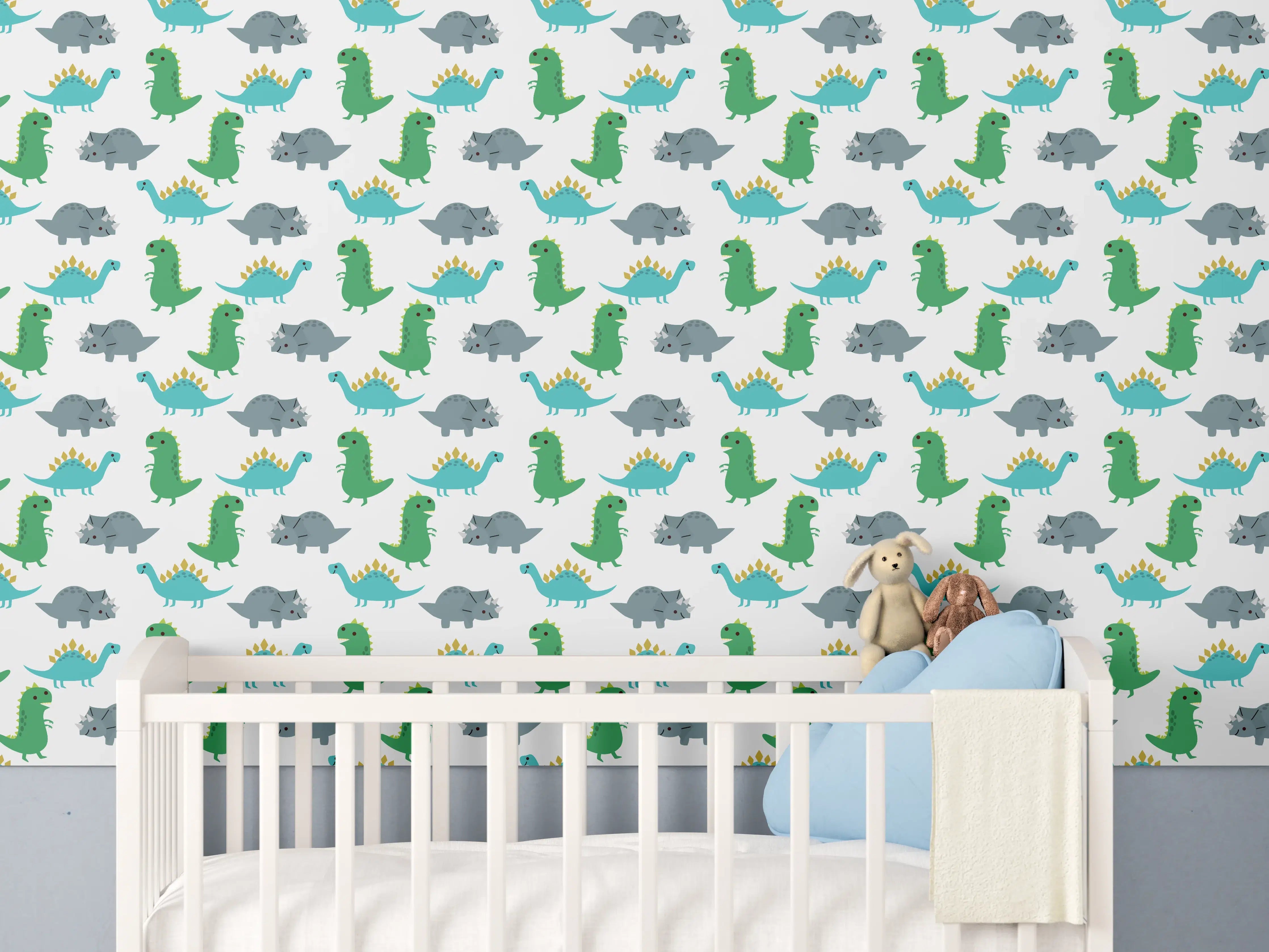 Babyzimmer Wandgestaltung - Dinosaurier Muster in Blau und Grün
