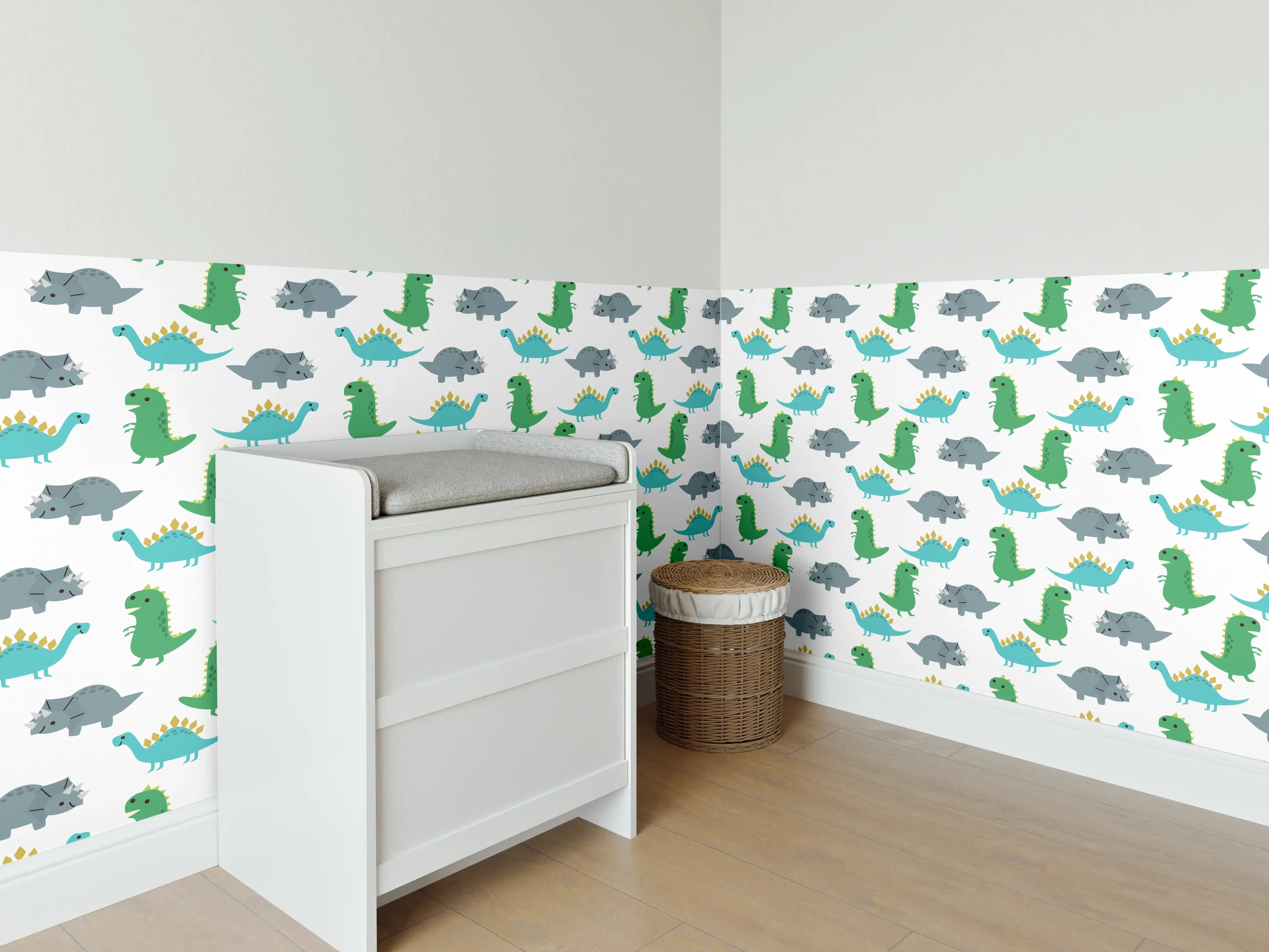 Babyzimmer Wandgestaltung - Dinosaurier Muster in Blau und Grün