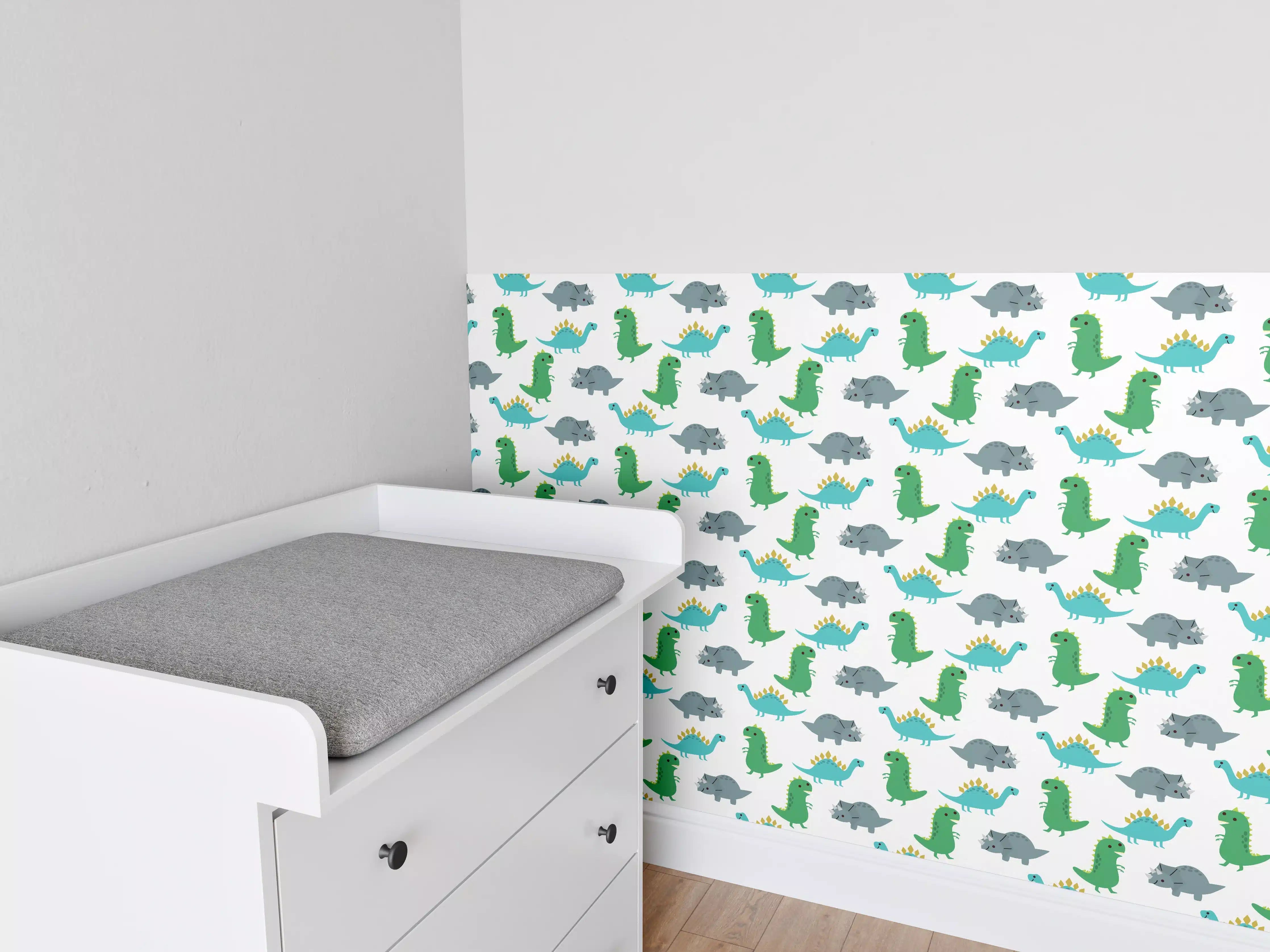 Babyzimmer Wandgestaltung - Dinosaurier Muster in Blau und Grün