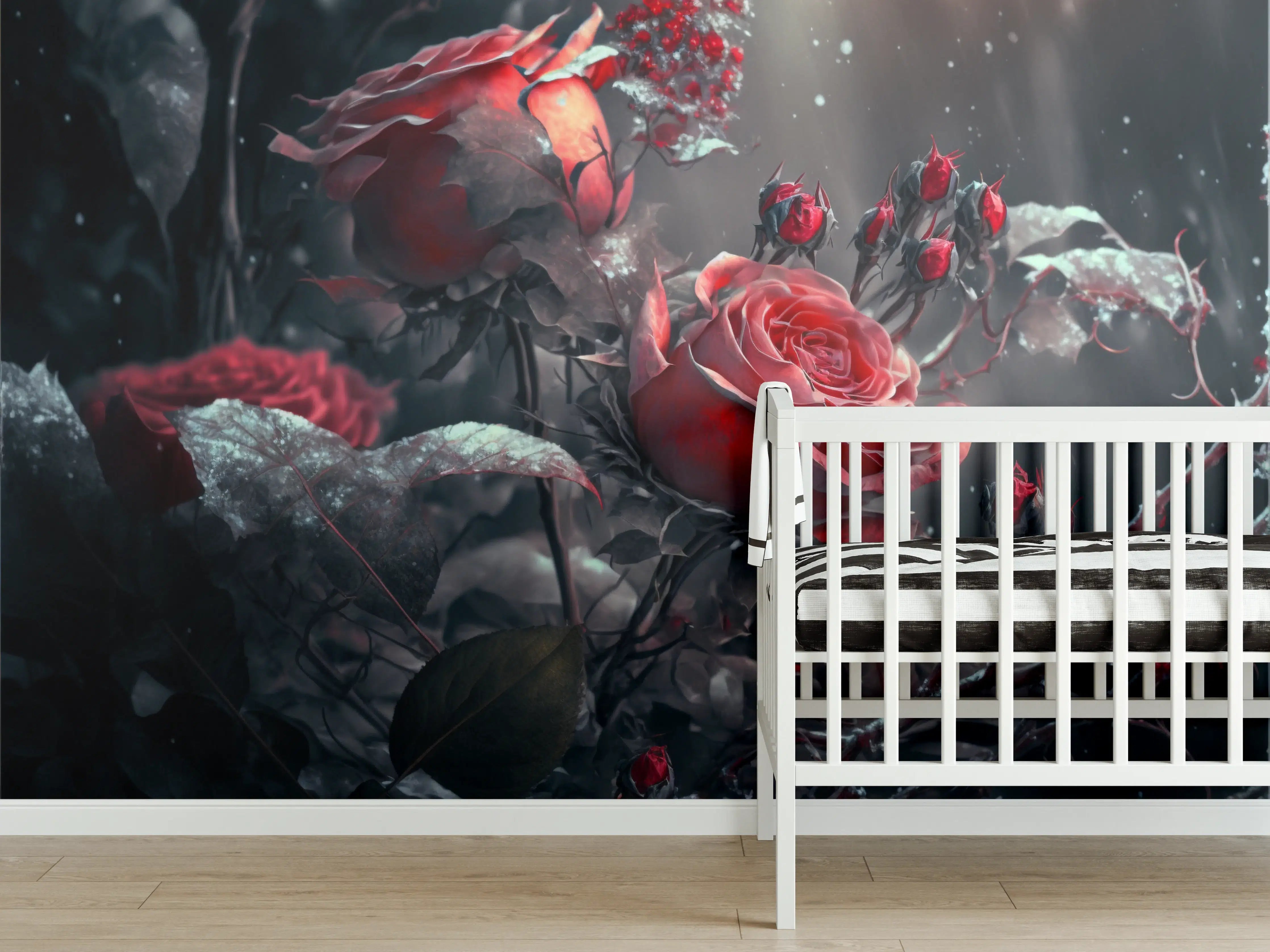 Babyzimmer Wandgestaltung - Dramatische Rosen in dunkler Szenerie