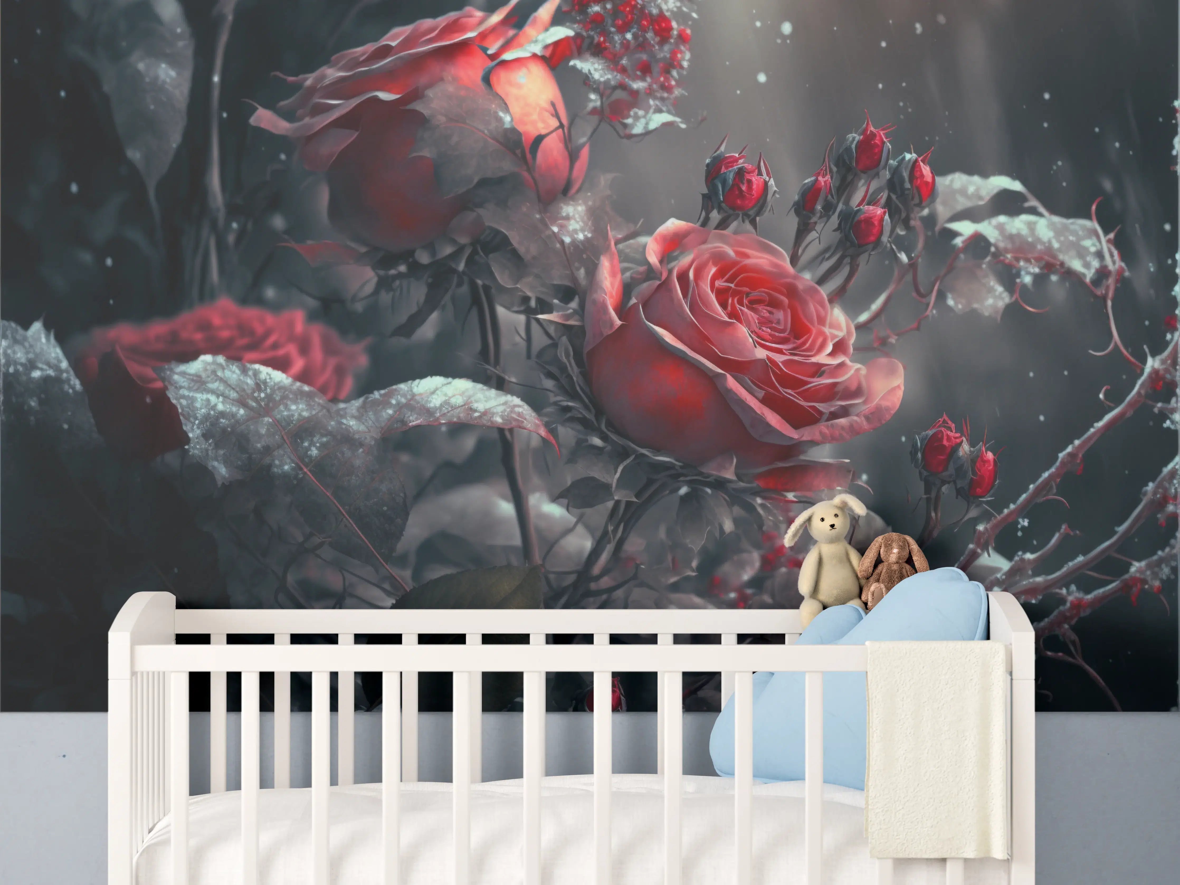 Babyzimmer Wandgestaltung - Dramatische Rosen in dunkler Szenerie