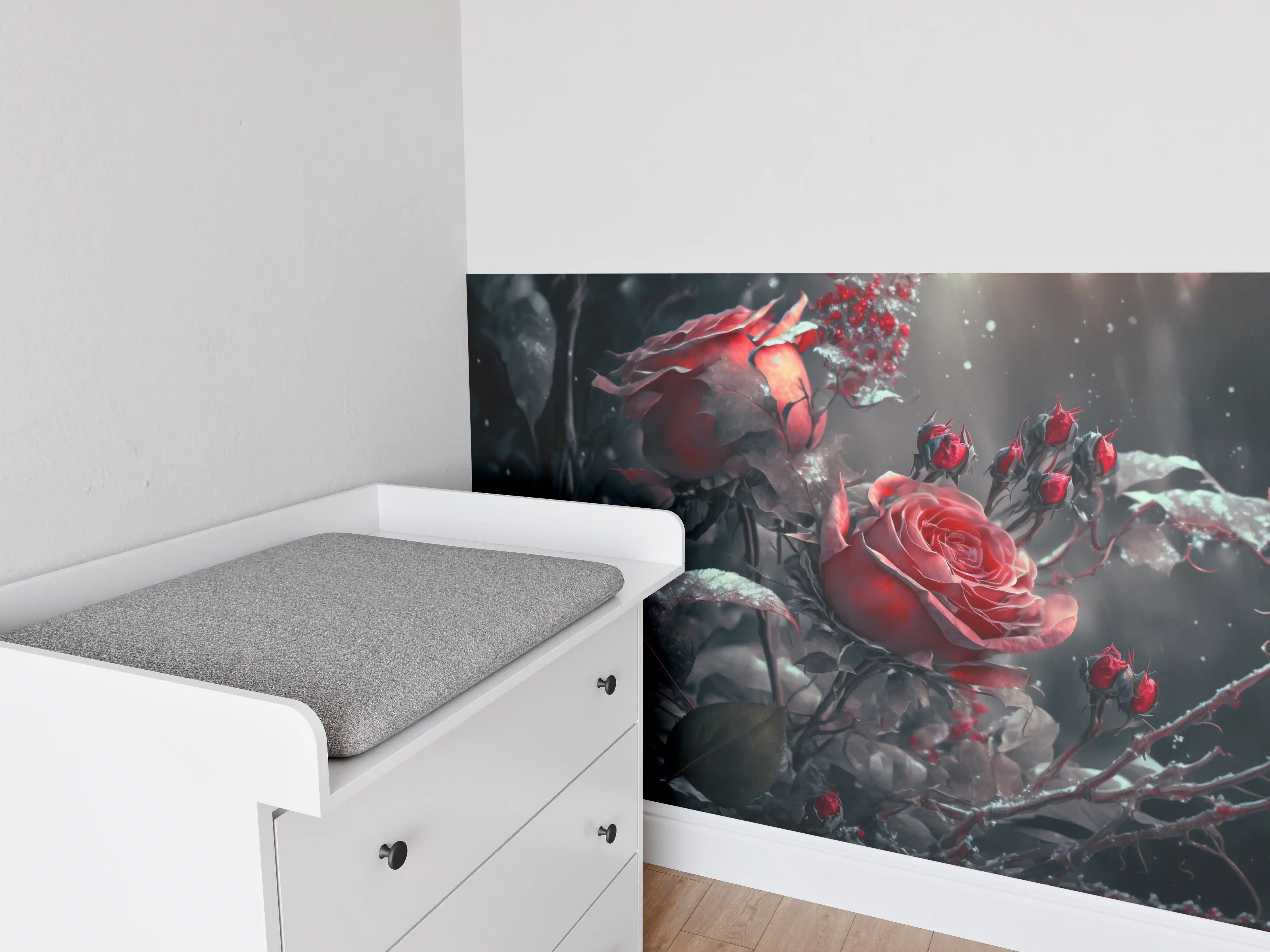 Babyzimmer Wandgestaltung - Dramatische Rosen in dunkler Szenerie