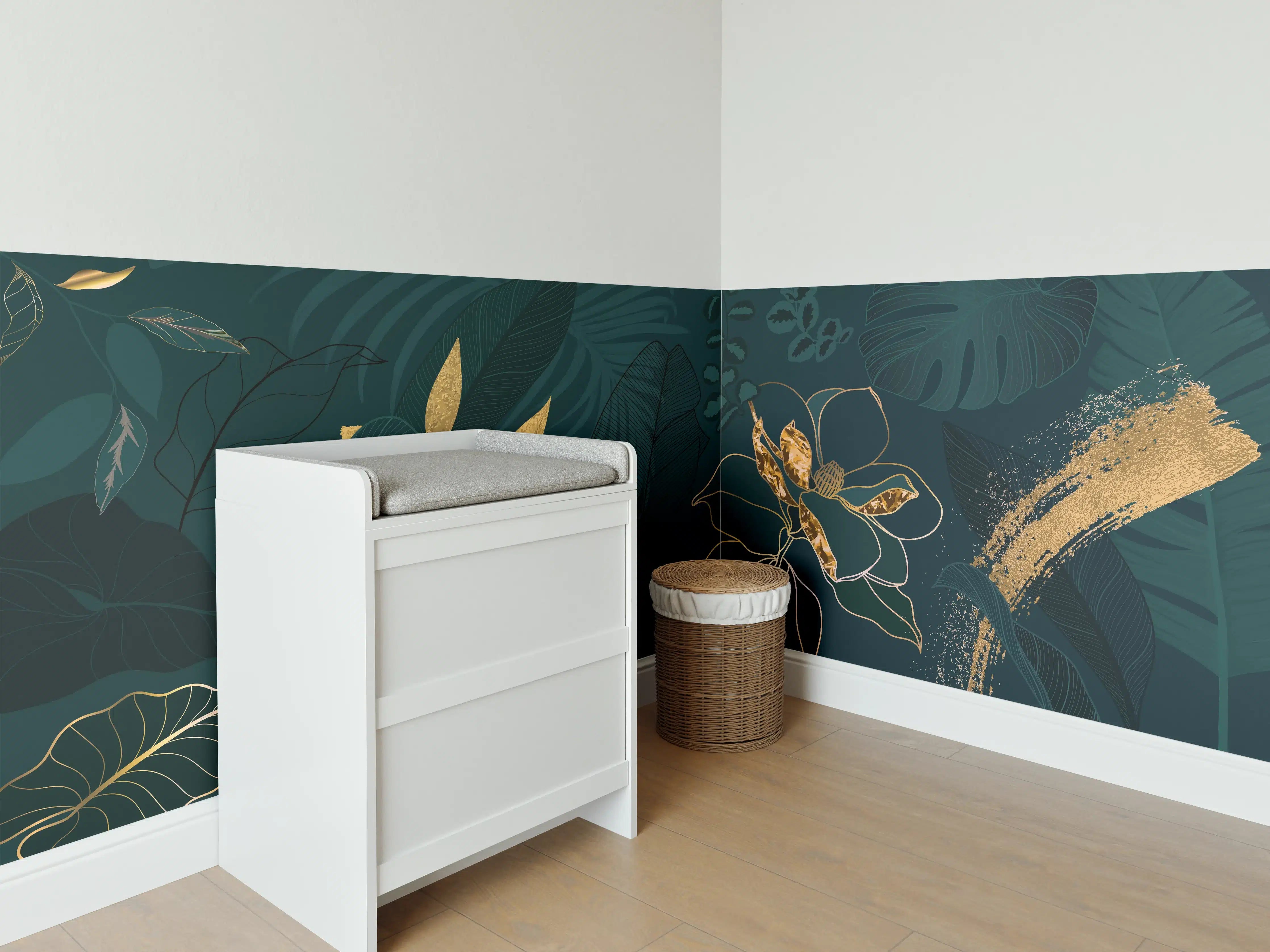 Babyzimmer Wandgestaltung - Dschungel-Blatt-Gold-Linie