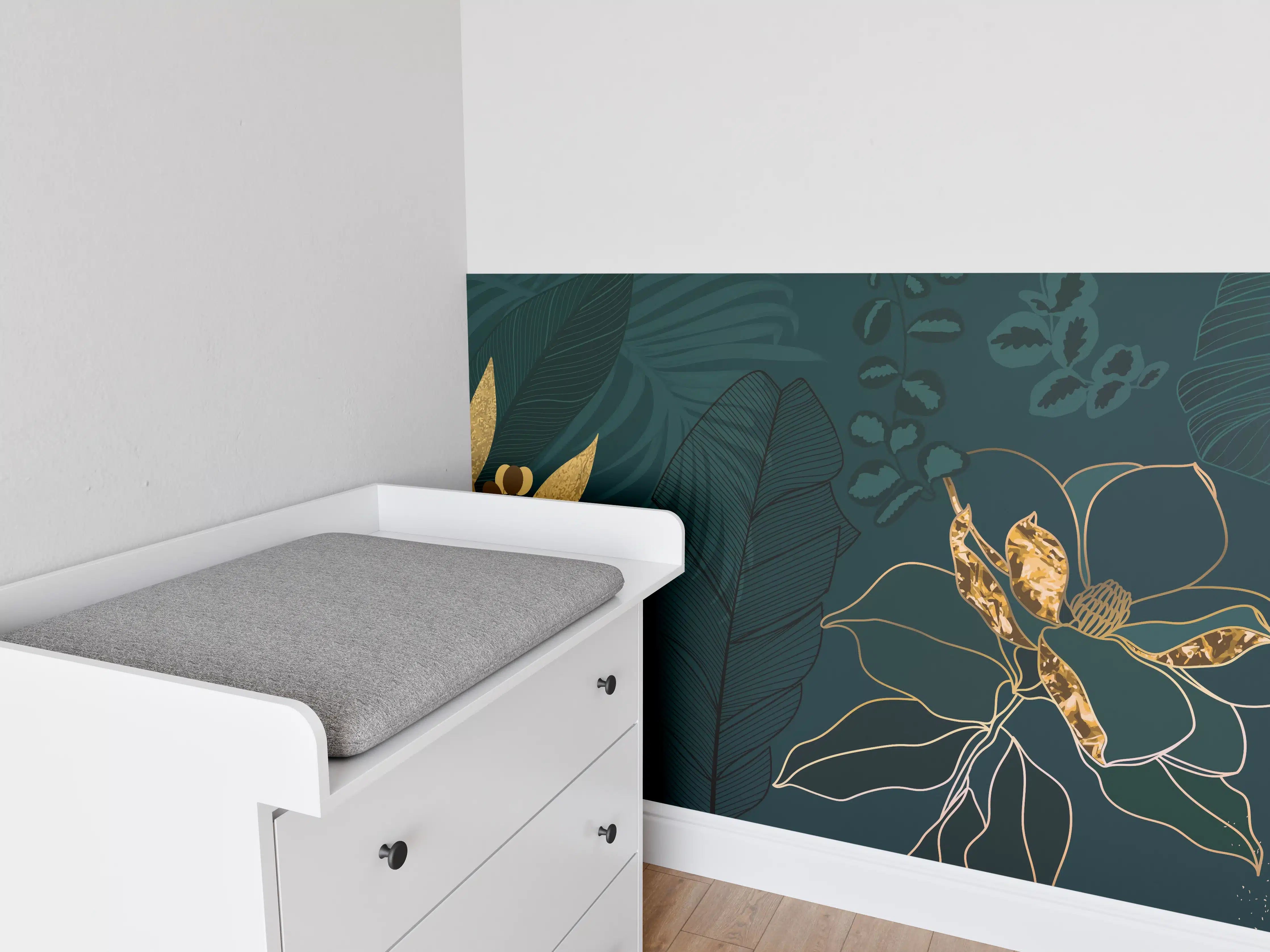 Babyzimmer Wandgestaltung - Dschungel-Blatt-Gold-Linie