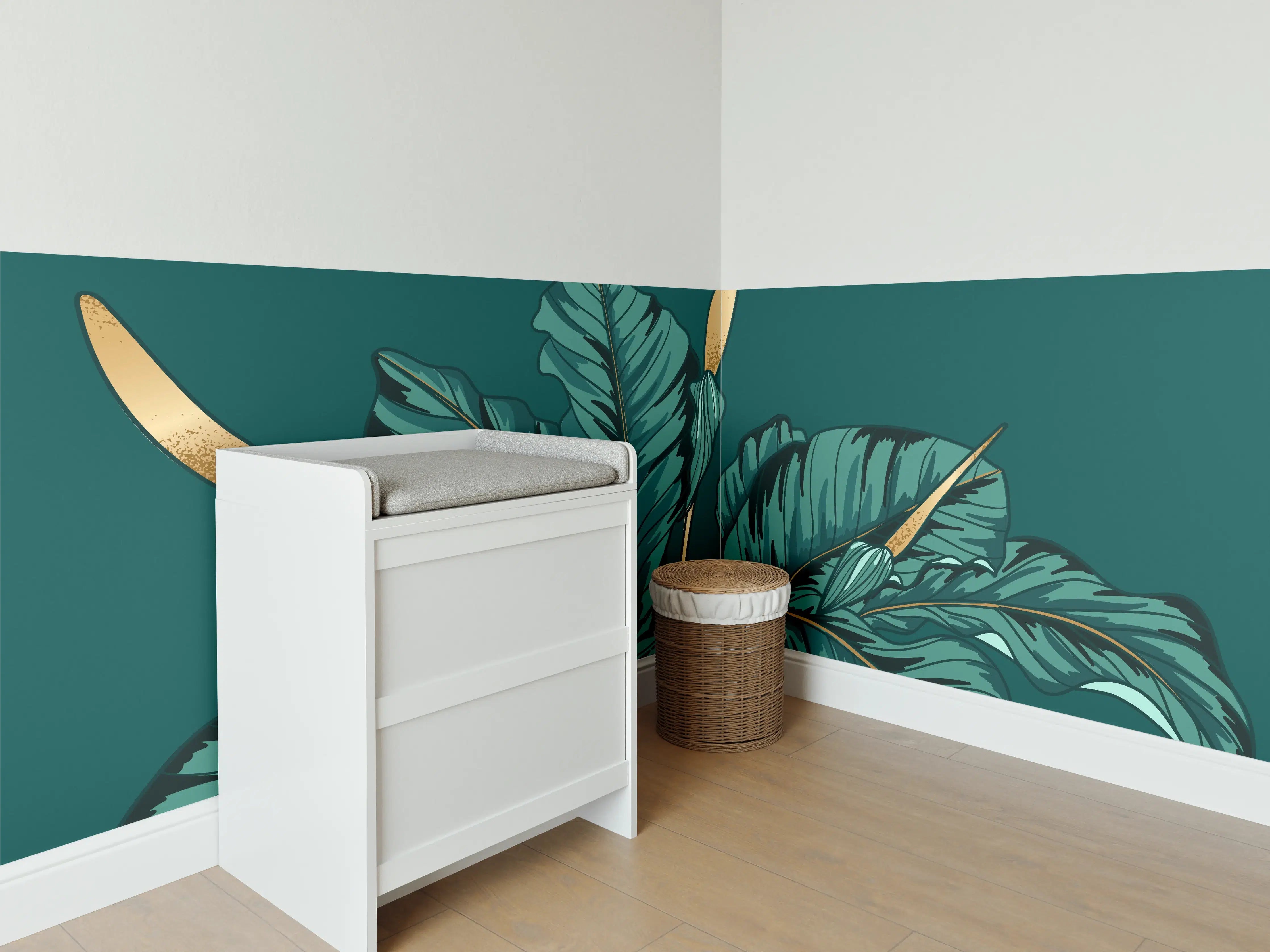 Babyzimmer Wandgestaltung - Dschungel-Grün-Blatt-Design