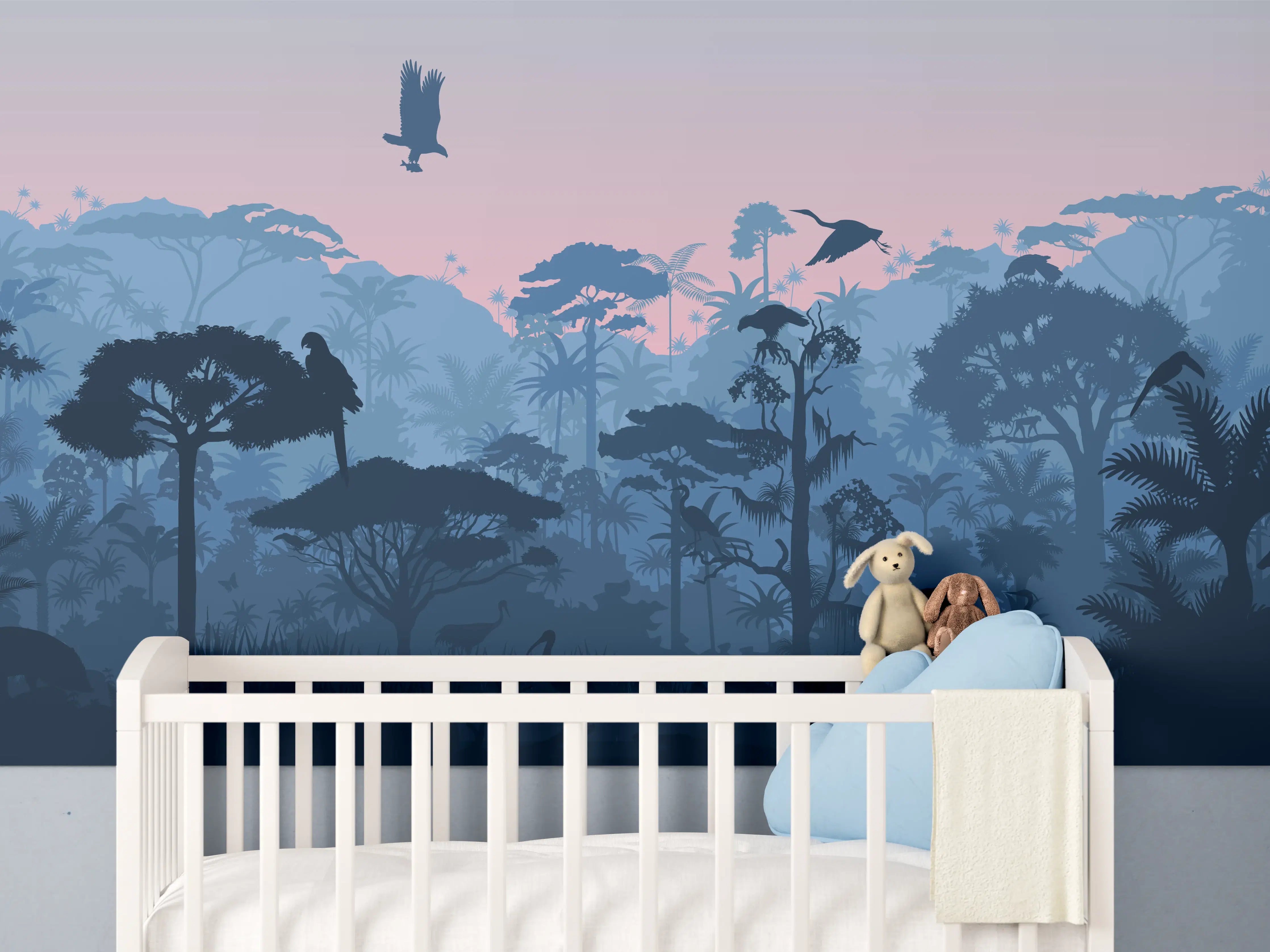 Babyzimmer Wandgestaltung - Dschungelsilhouette bei Dämmerung