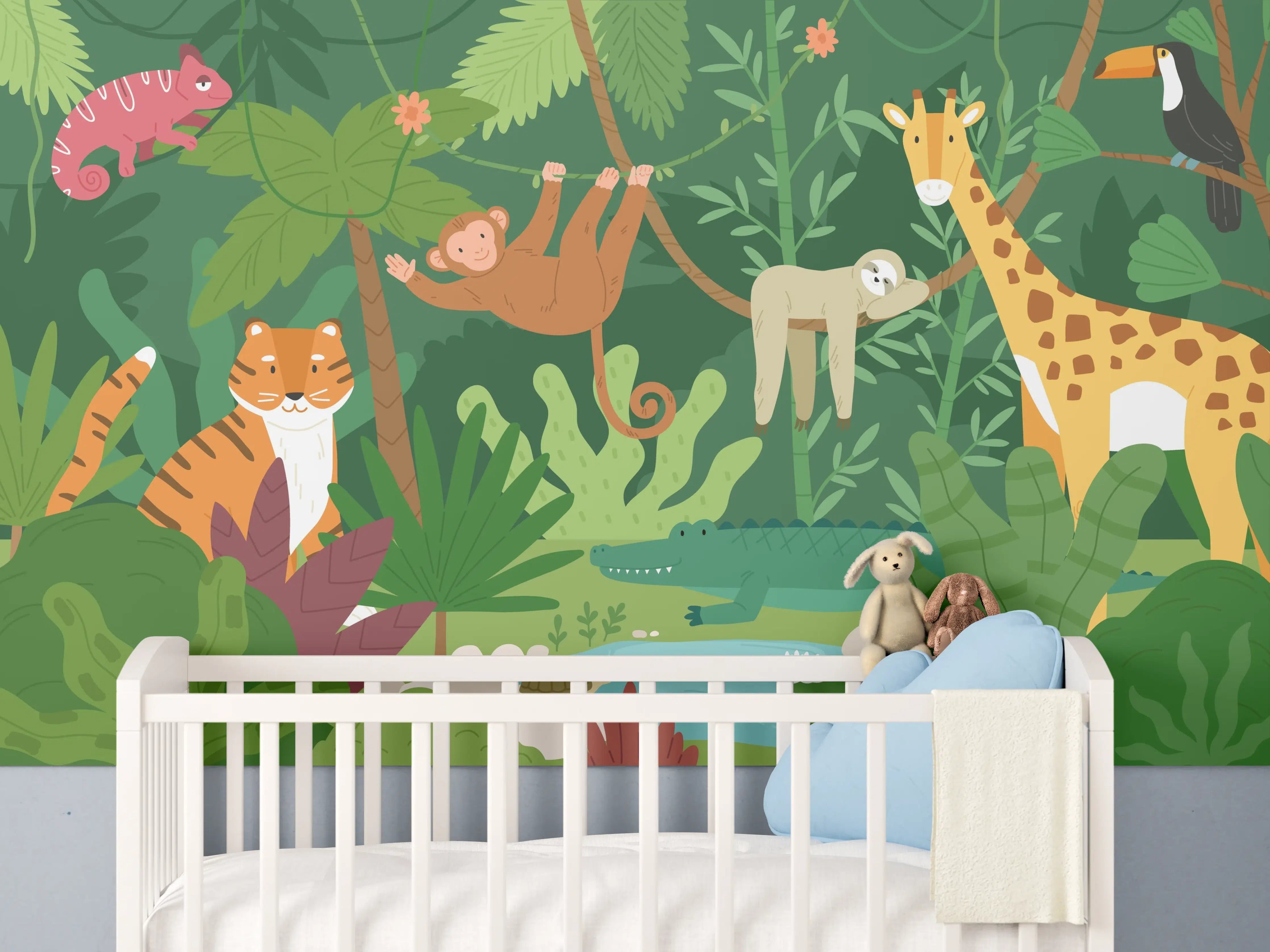 Babyzimmer Wandgestaltung - Dschungeltiere in bunter Harmonie