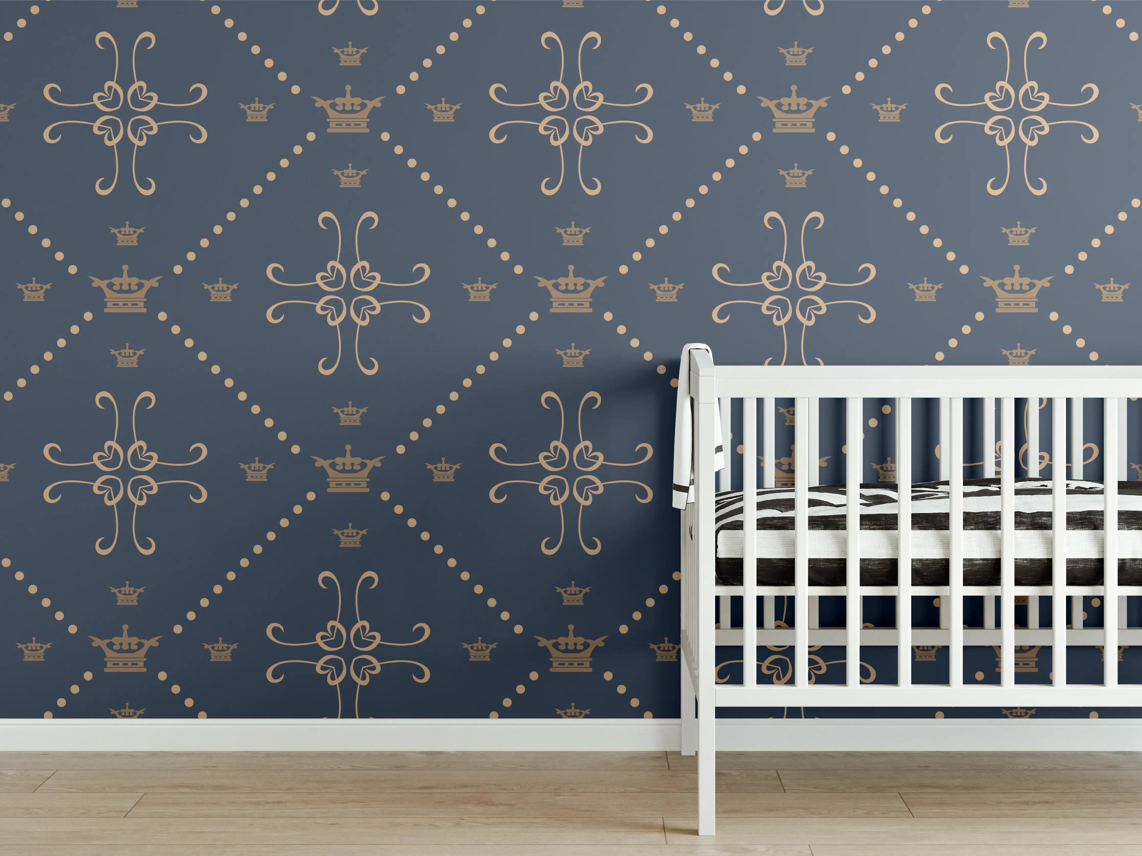 Babyzimmer Wandgestaltung - Dunkelblau Ornament Tapetenmuster