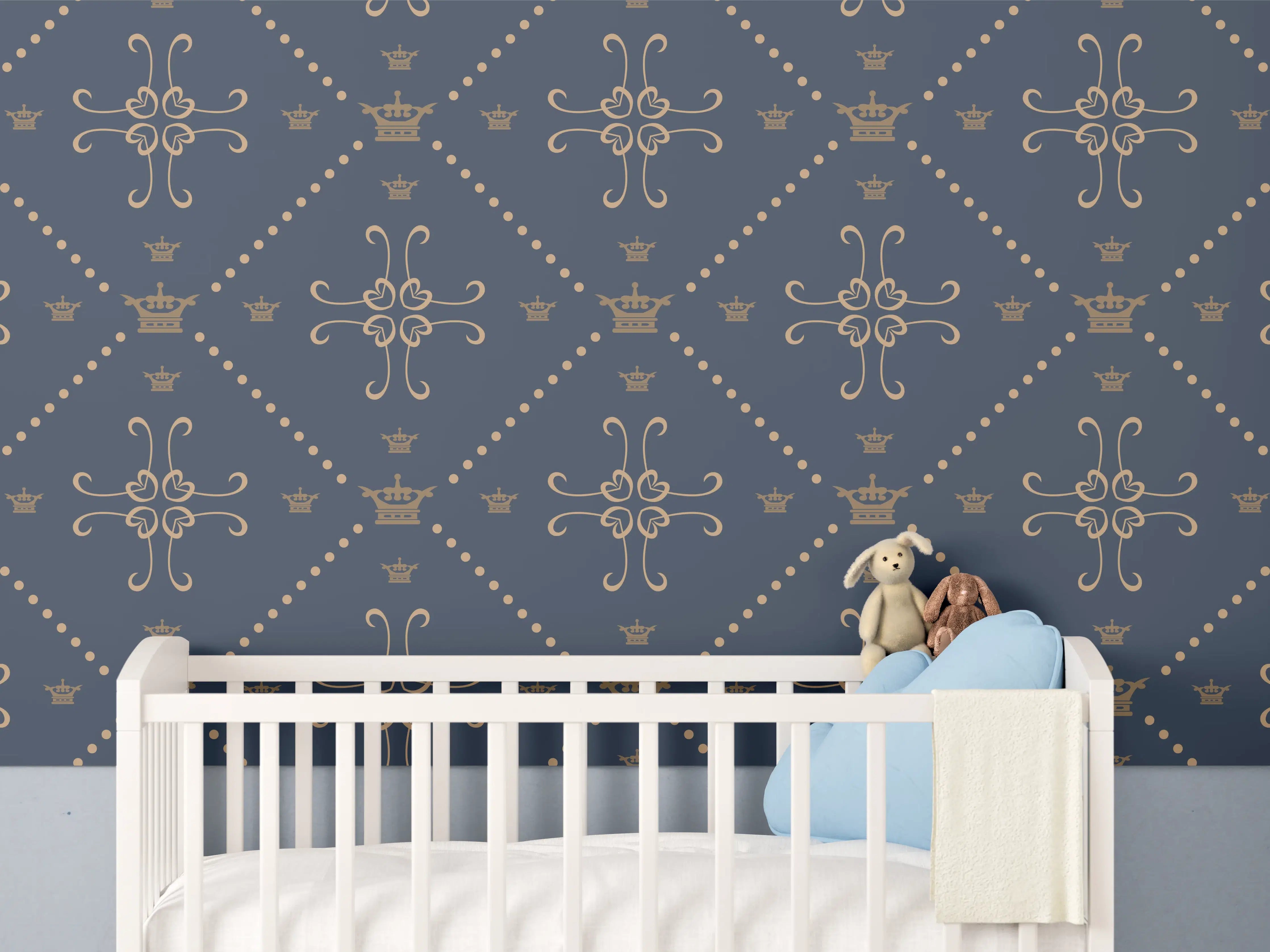Babyzimmer Wandgestaltung - Dunkelblau Ornament Tapetenmuster