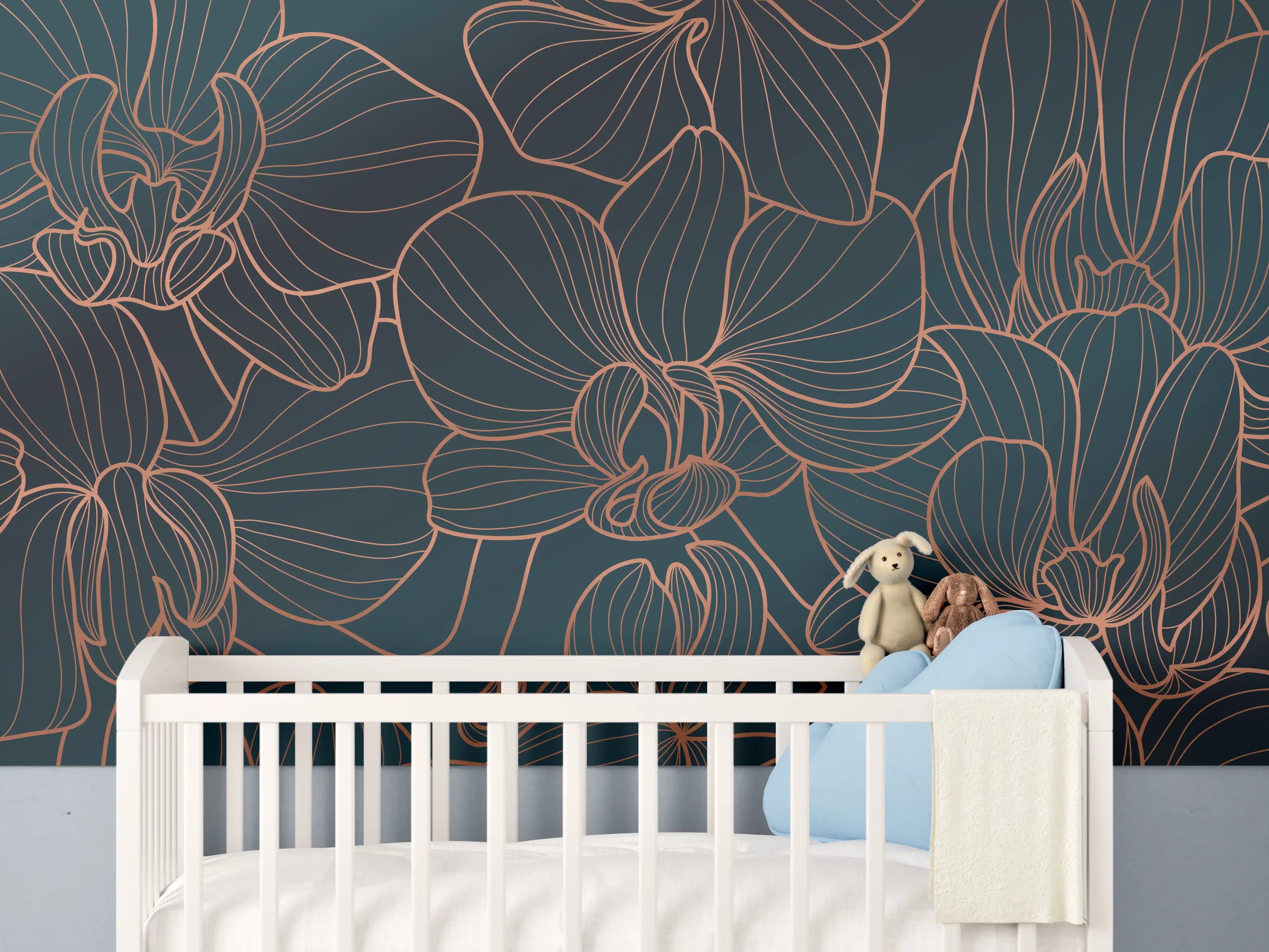 Babyzimmer Wandgestaltung - Dunkelblaue Floral Linien Kunst