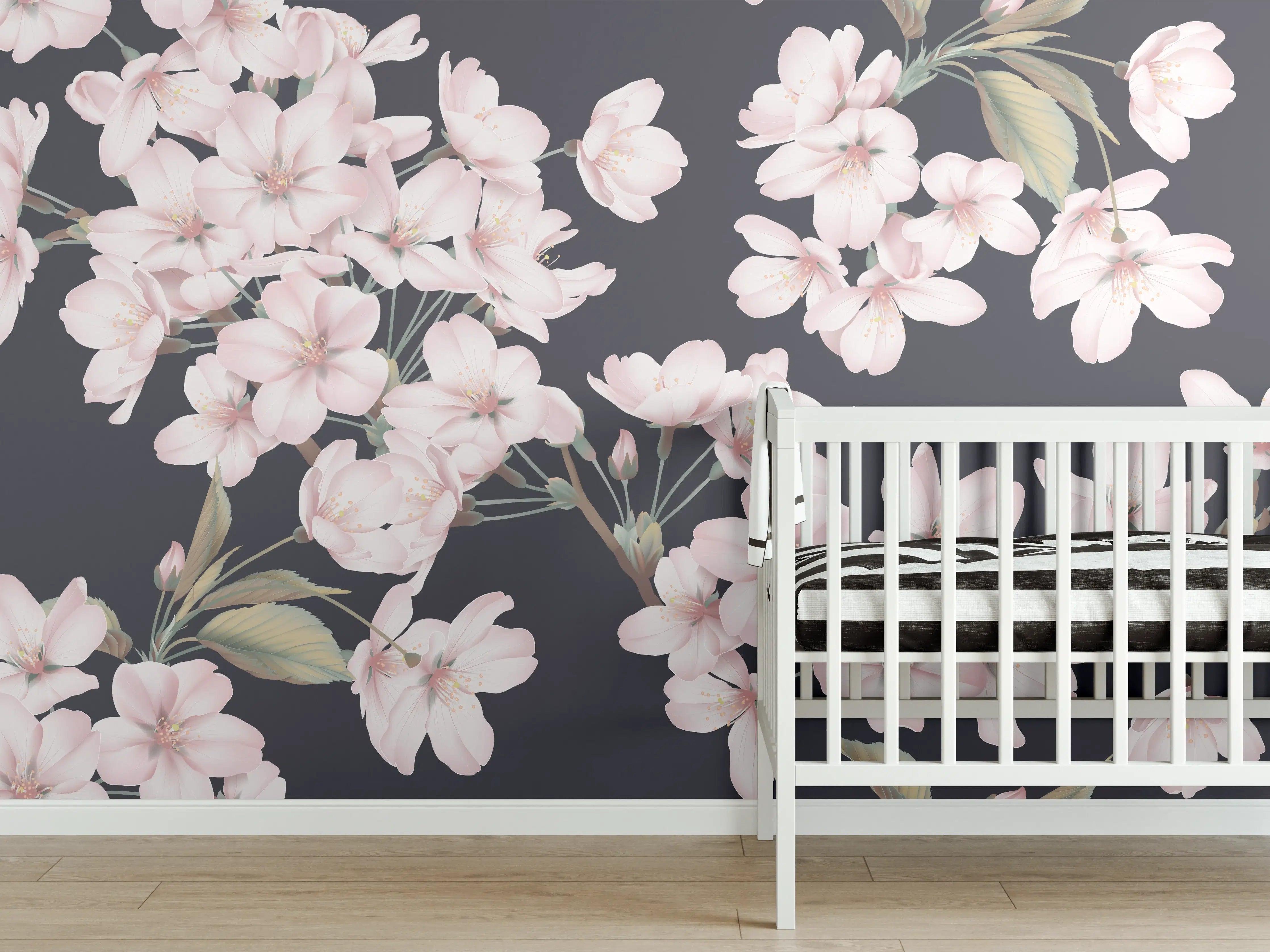 Babyzimmer Wandgestaltung - Dunkelgrau-Sakura-Musterdesign
