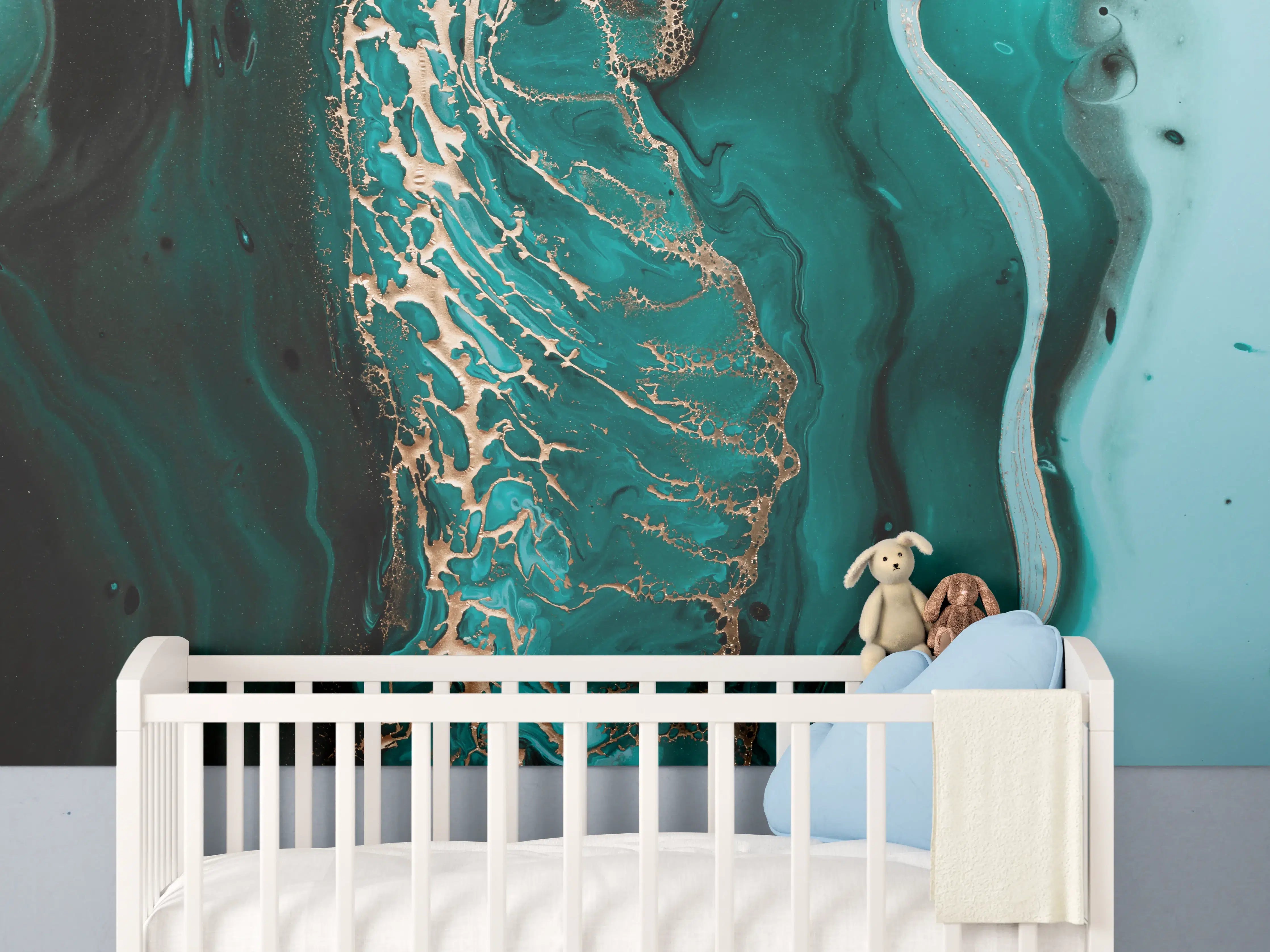 Babyzimmer Wandgestaltung - Dunkelgrün Goldene Meerestextur