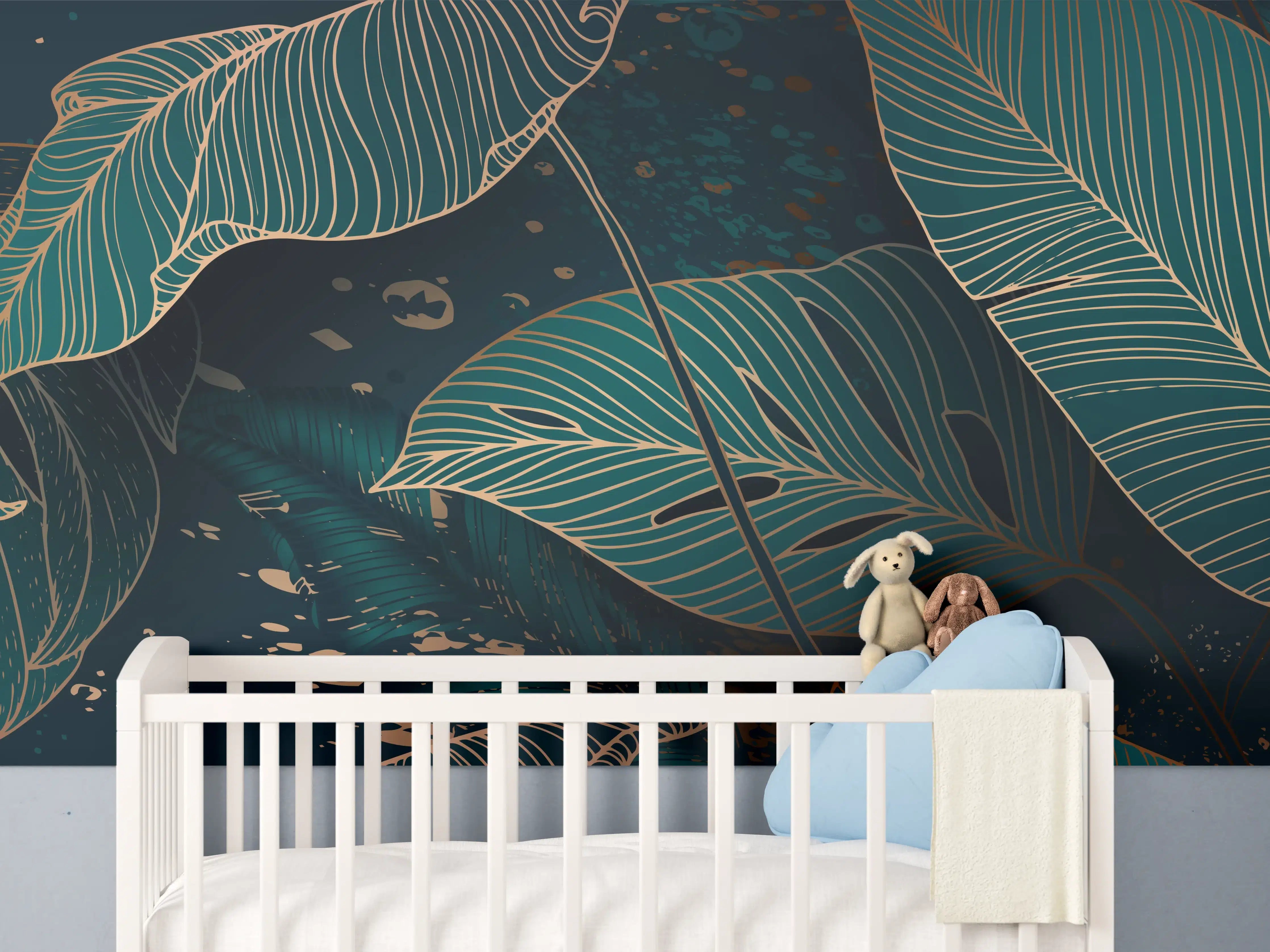 Babyzimmer Wandgestaltung - Dunkelgrüne Blätter Goldakzent