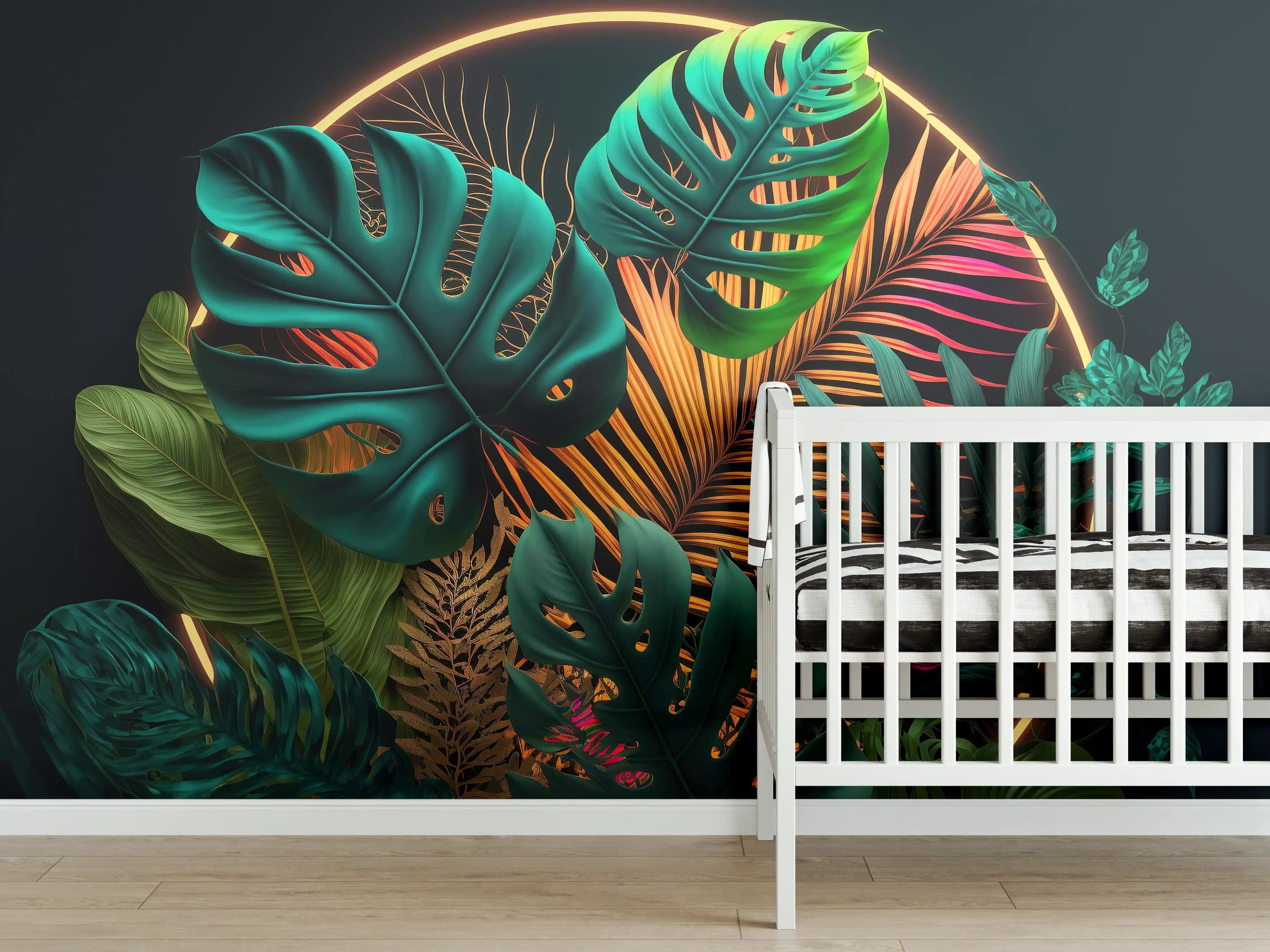 Babyzimmer Wandgestaltung - Dunkelgrüne tropische Blätter buntes Neonlicht