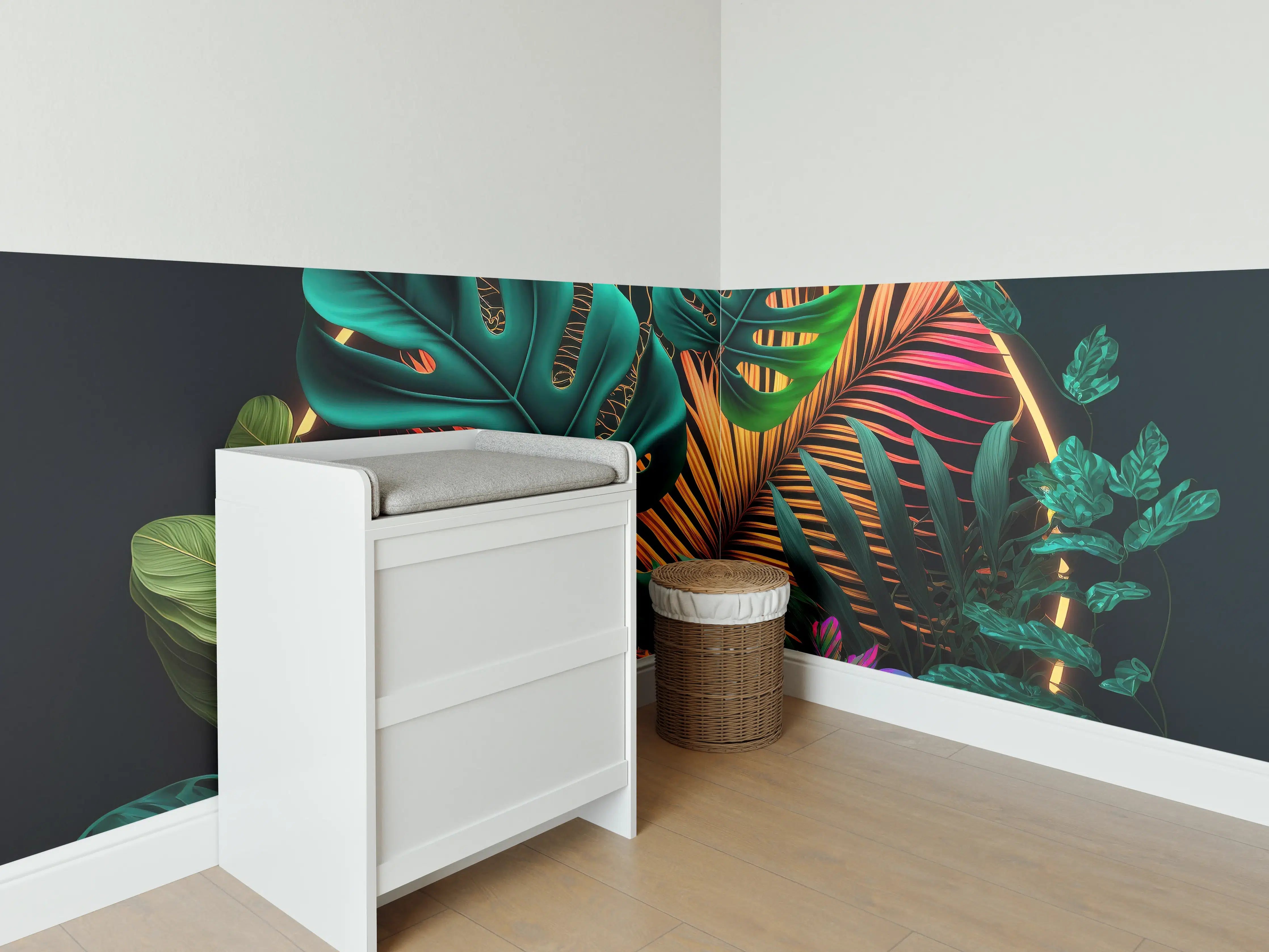 Babyzimmer Wandgestaltung - Dunkelgrüne tropische Blätter buntes Neonlicht