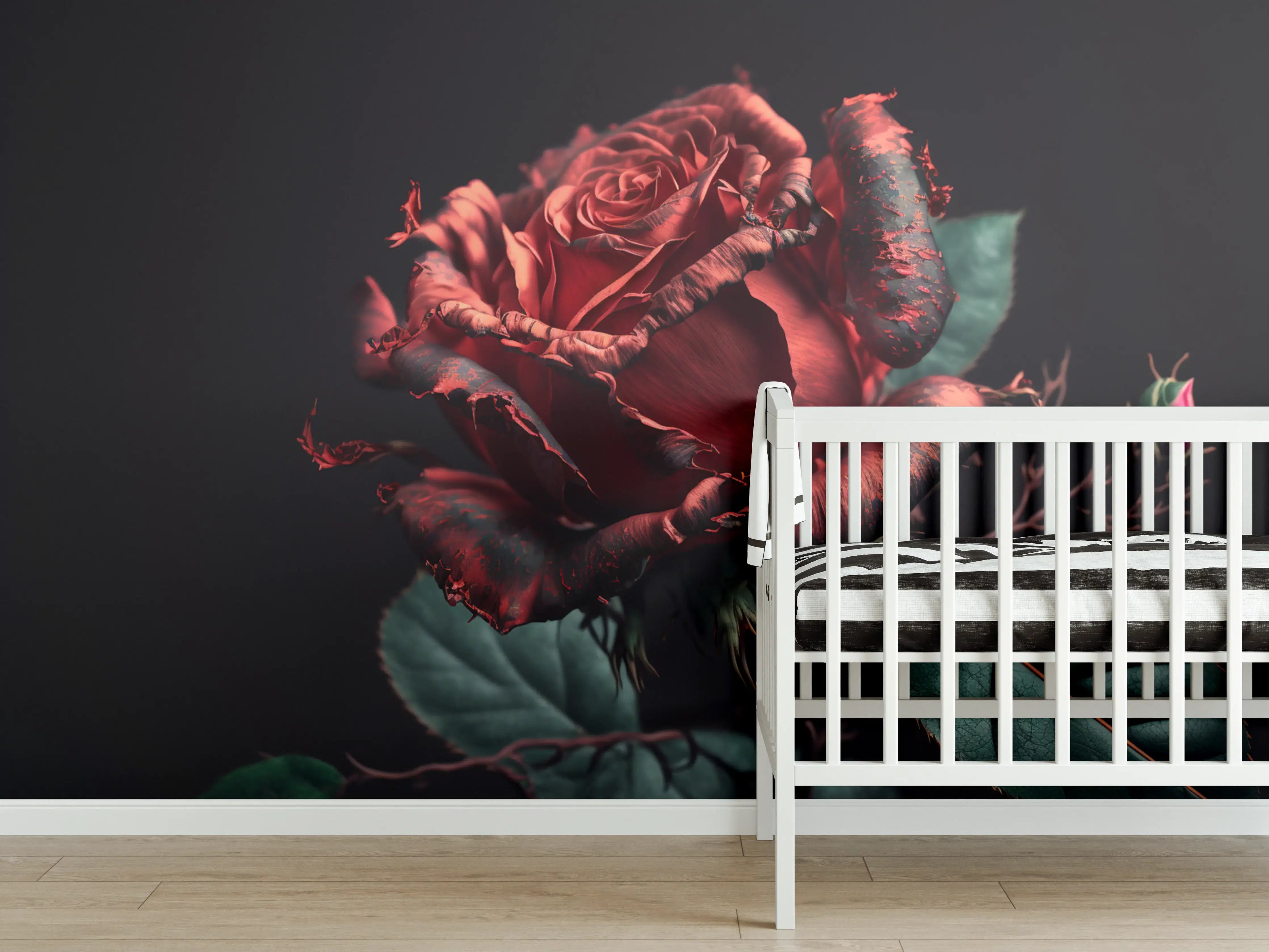 Babyzimmer Wandgestaltung - Dunkle Rote Rose mit Grünen Blättern